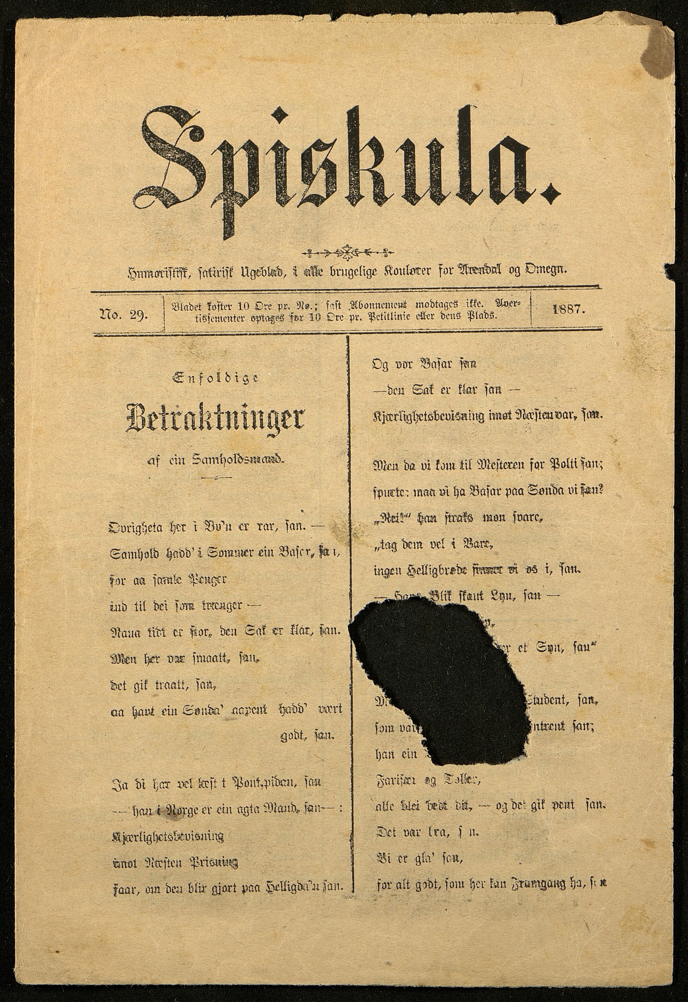 Spidskuglen, AAKS/PA-2823/X/L0001/0001: Spidskuglen / Årg. 1887, nr. 1–2, 4–23, 25–36, 1887