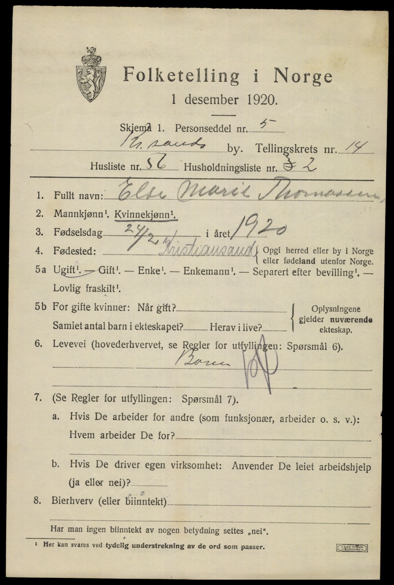 SAK, 1920 census for Kristiansand, 1920, p. 29983