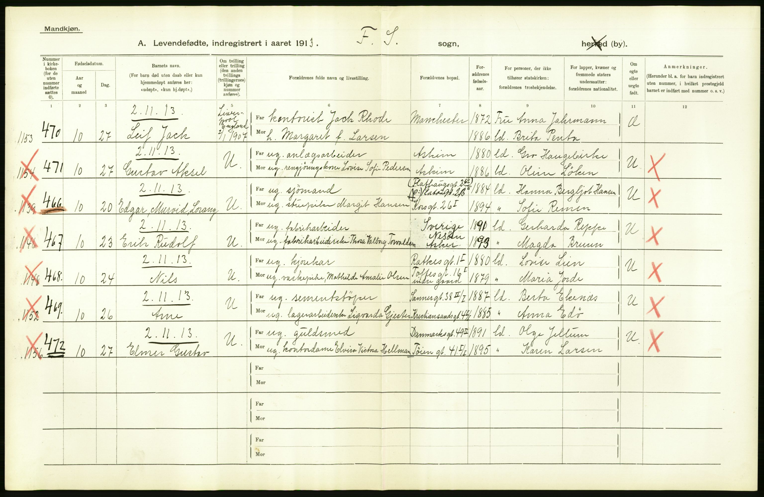 Statistisk sentralbyrå, Sosiodemografiske emner, Befolkning, AV/RA-S-2228/D/Df/Dfb/Dfbc/L0007: Kristiania: Levendefødte menn og kvinner., 1913, p. 26