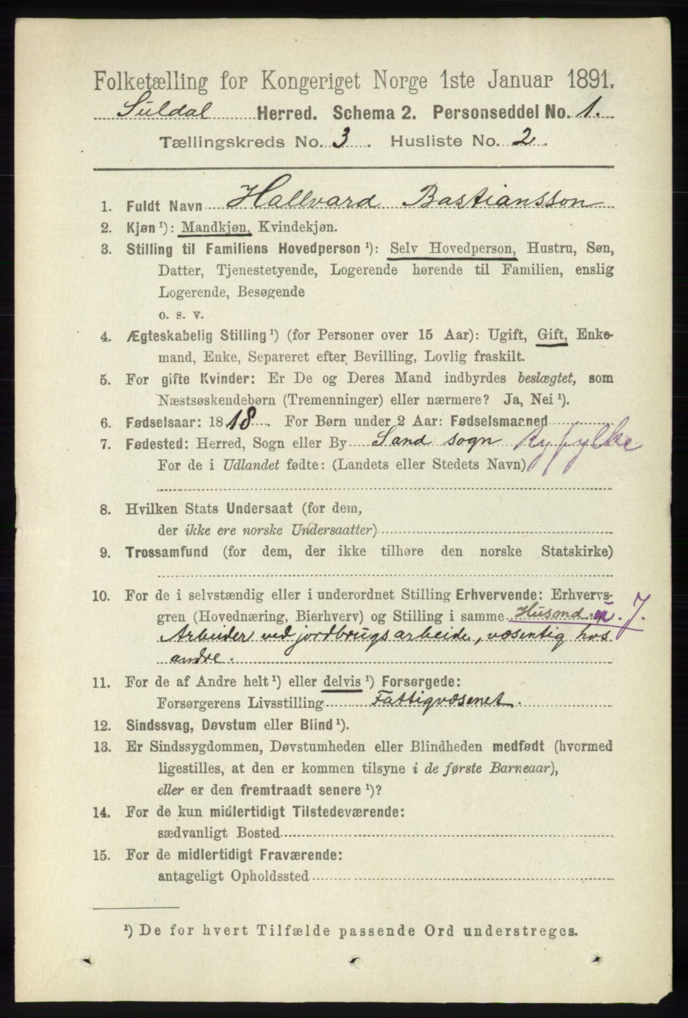 RA, 1891 census for 1134 Suldal, 1891, p. 616