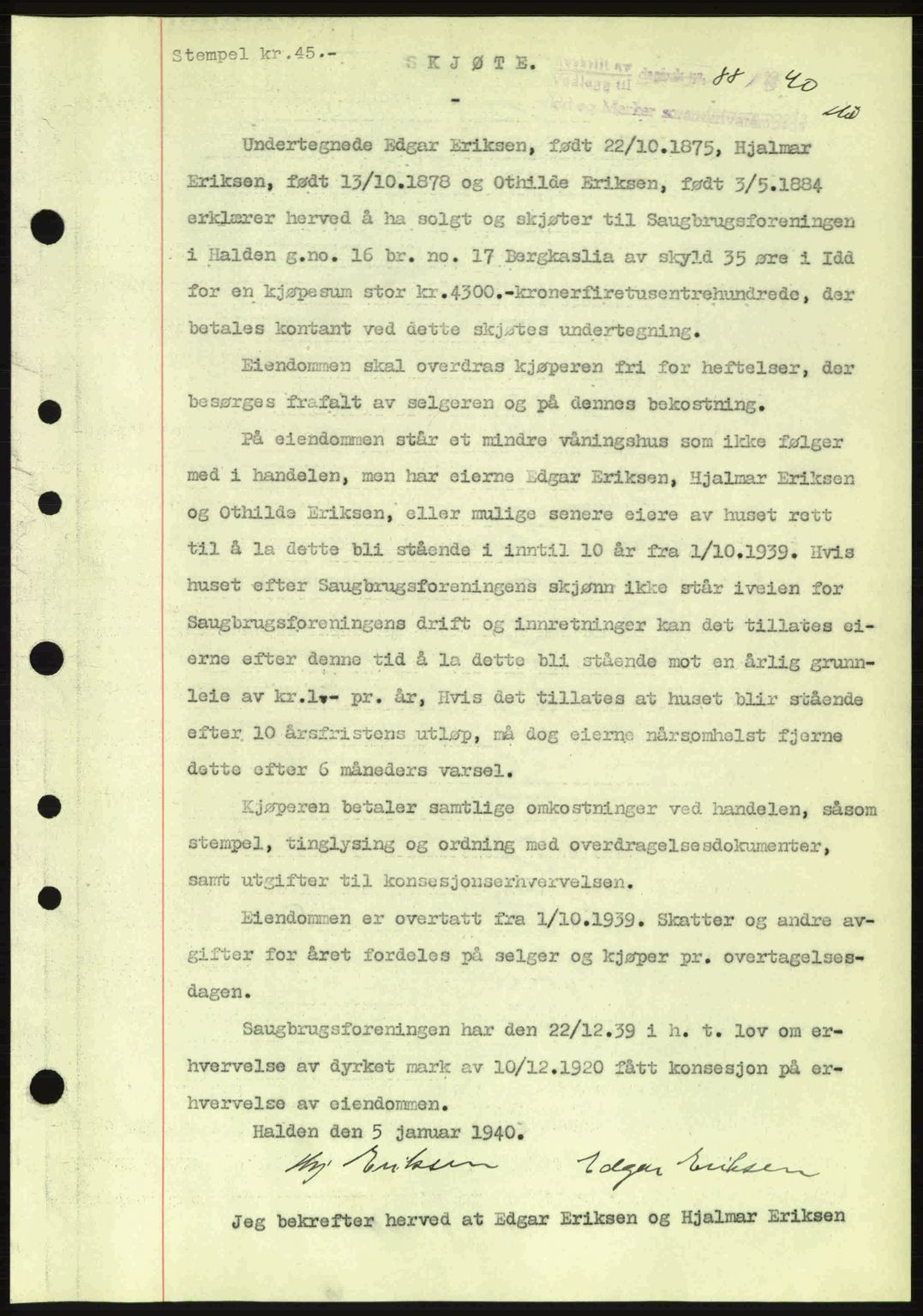 Idd og Marker sorenskriveri, AV/SAO-A-10283/G/Gb/Gbb/L0004: Mortgage book no. A4, 1940-1941, Diary no: : 88/1940