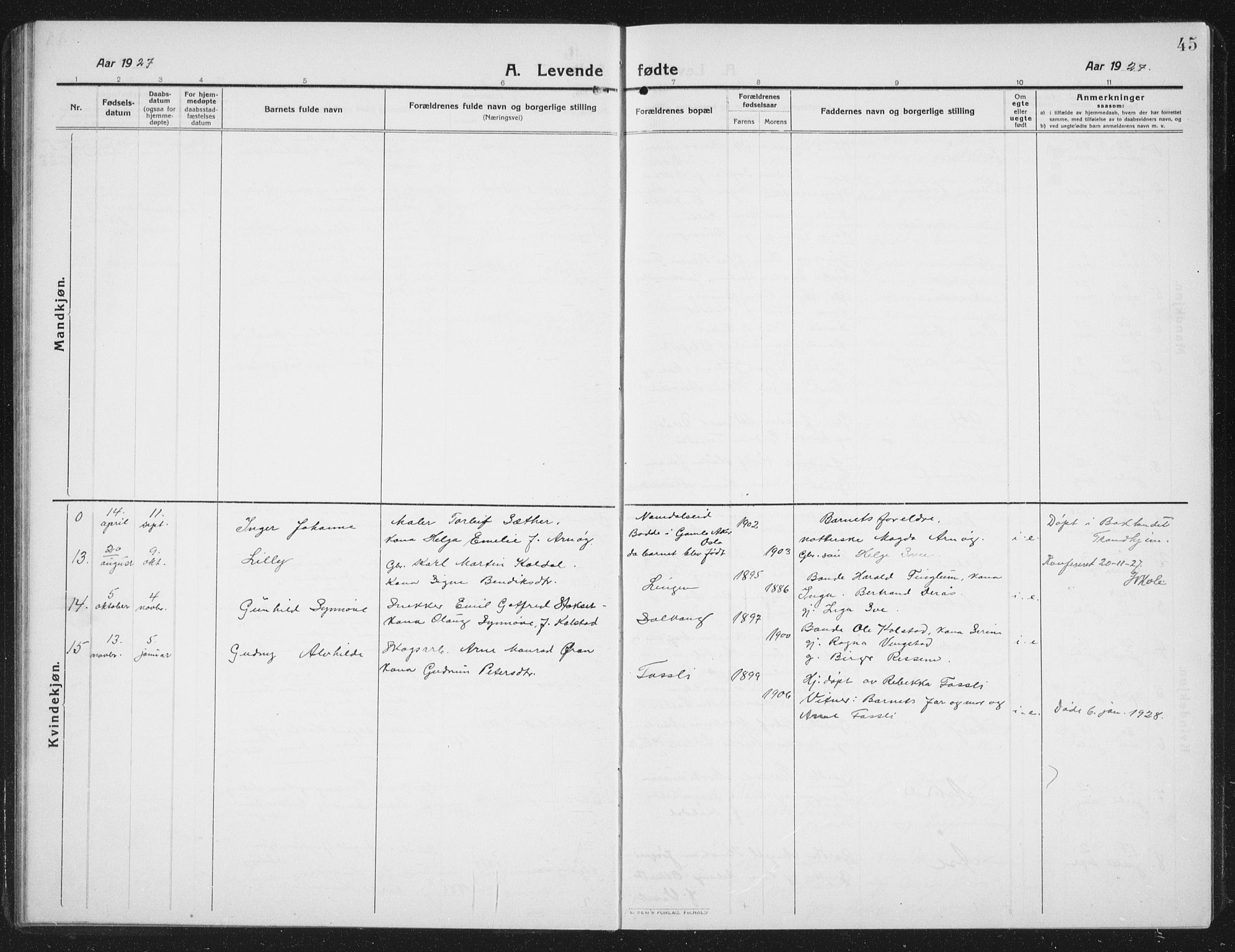 Ministerialprotokoller, klokkerbøker og fødselsregistre - Nord-Trøndelag, SAT/A-1458/742/L0413: Parish register (copy) no. 742C04, 1911-1938, p. 45