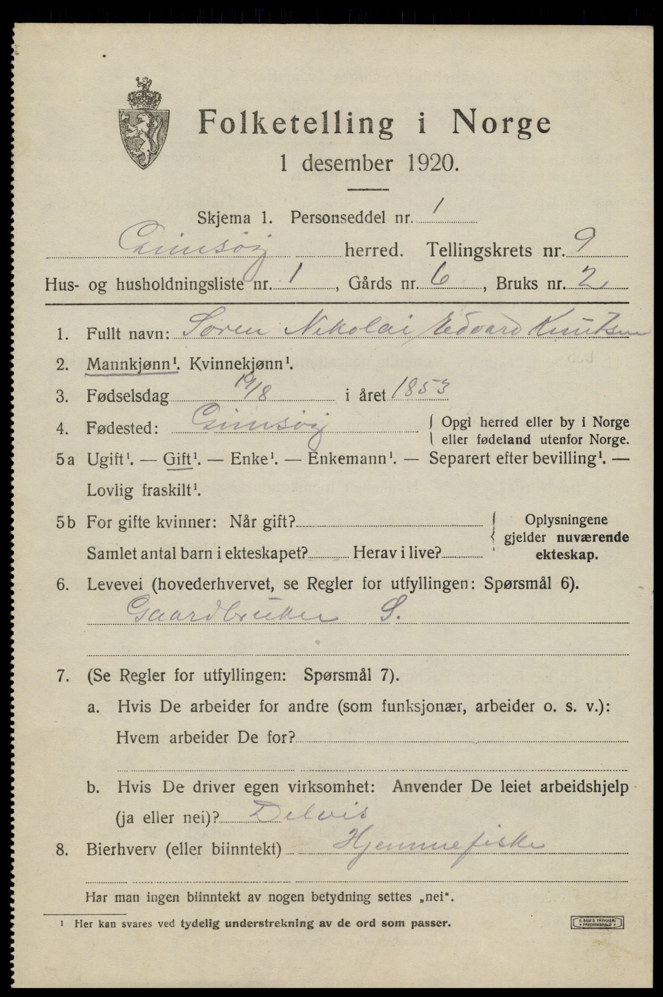 SAT, 1920 census for Gimsøy, 1920, p. 3553