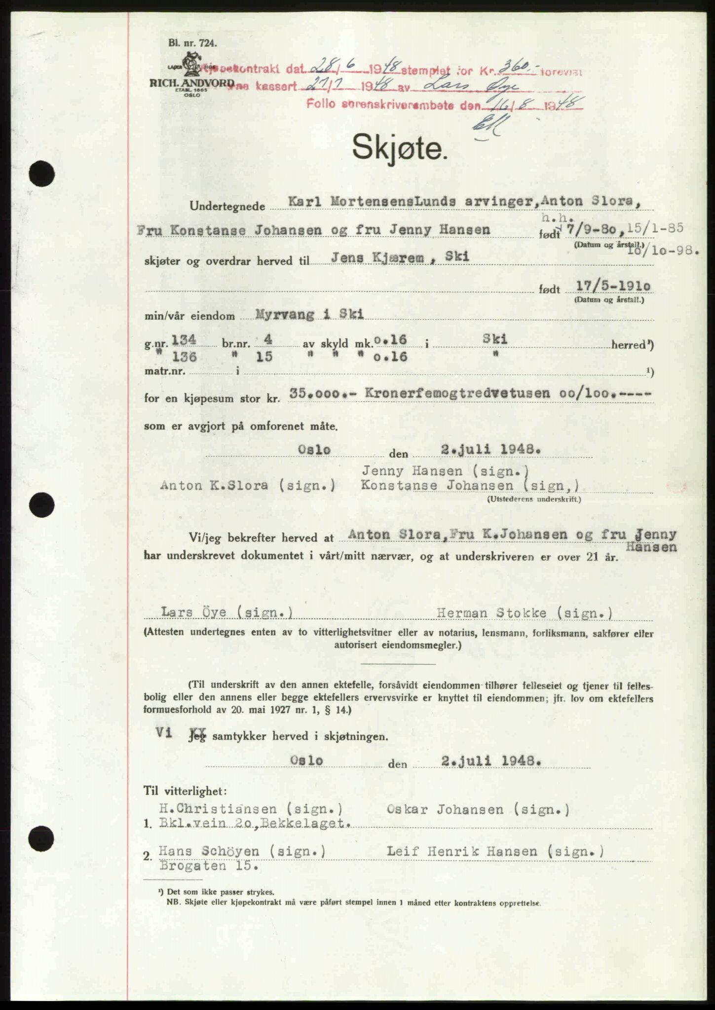 Follo sorenskriveri, SAO/A-10274/G/Ga/Gaa/L0085: Mortgage book no. I 85, 1948-1948, Diary no: : 2921/1948