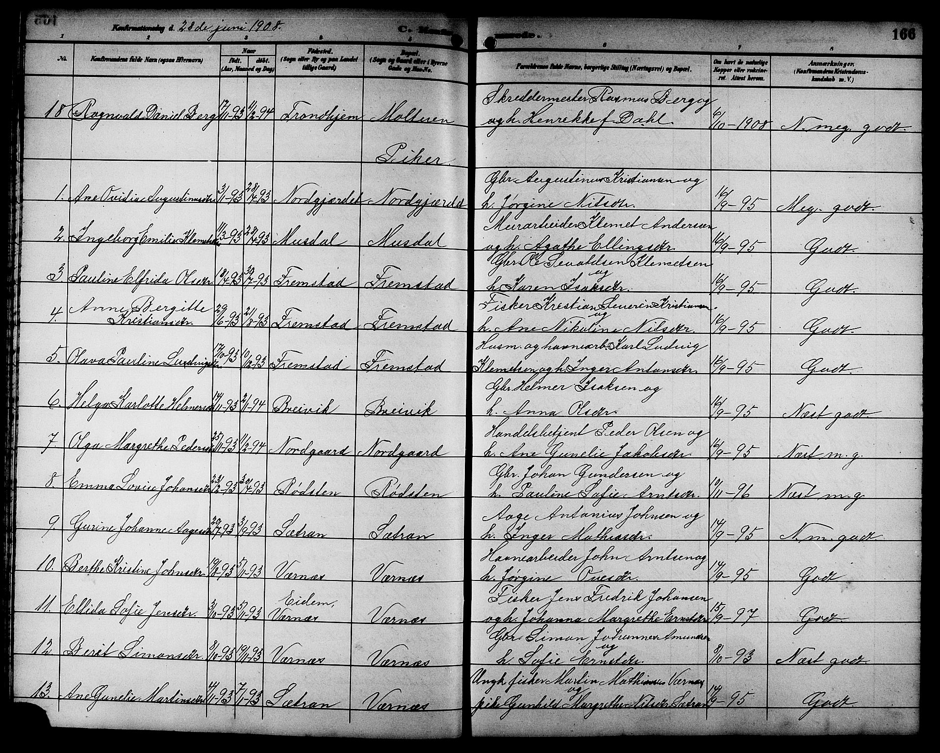 Ministerialprotokoller, klokkerbøker og fødselsregistre - Sør-Trøndelag, AV/SAT-A-1456/662/L0757: Parish register (copy) no. 662C02, 1892-1918, p. 166