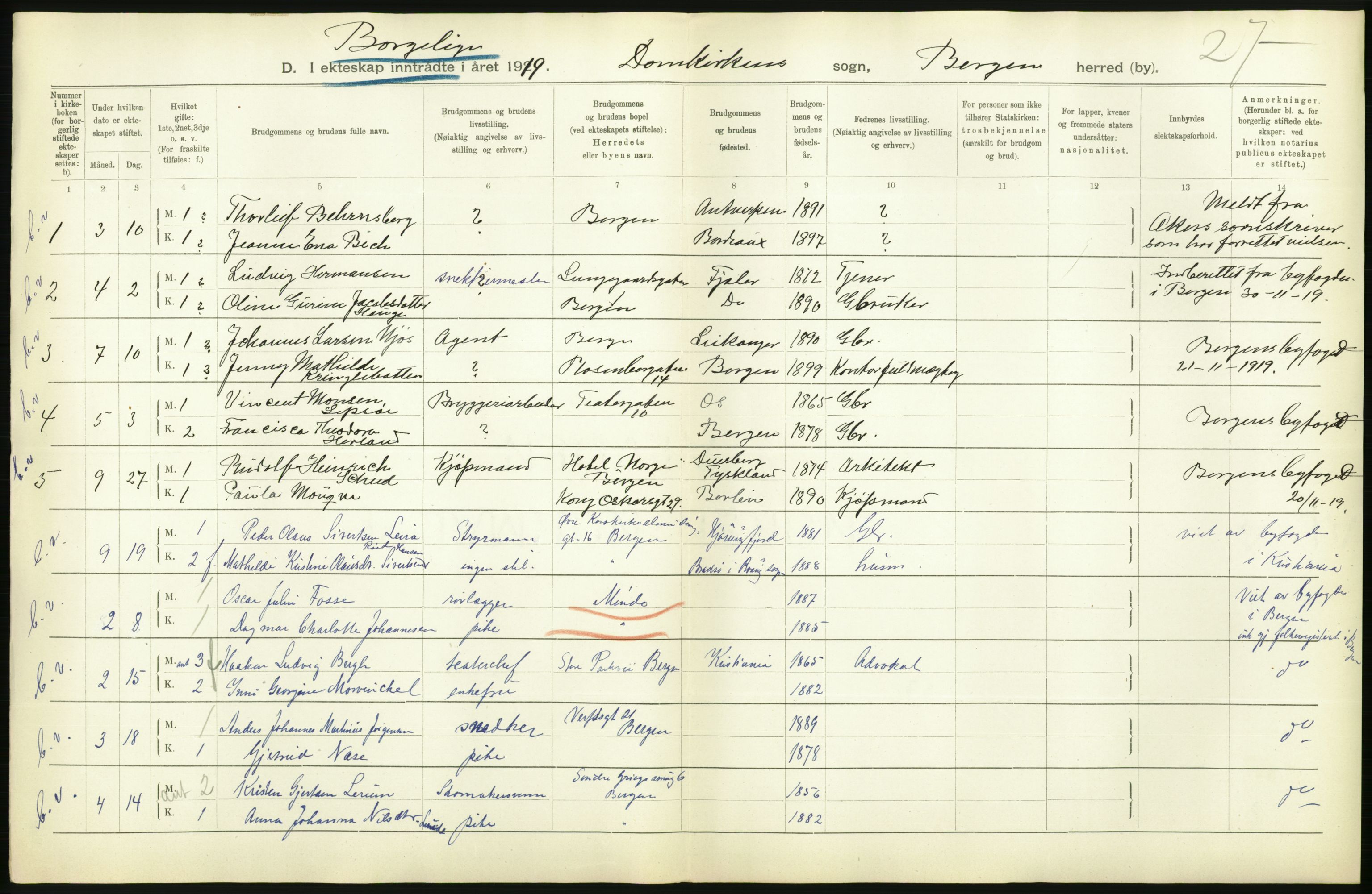 Statistisk sentralbyrå, Sosiodemografiske emner, Befolkning, RA/S-2228/D/Df/Dfb/Dfbi/L0035: Bergen: Gifte, døde, dødfødte., 1919, p. 274