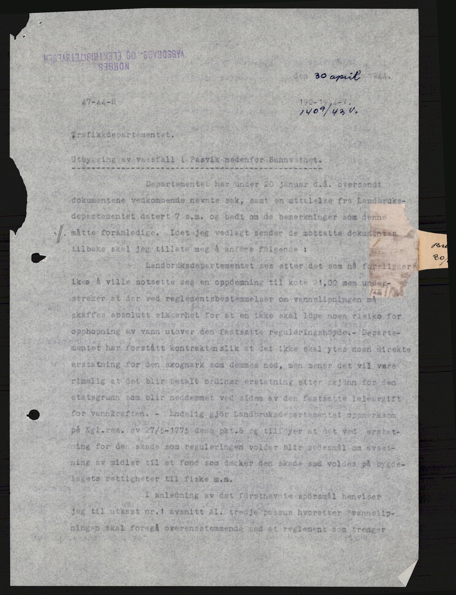 Vassdragsdirektoratet/avdelingen, AV/RA-S-6242/F/Fa/L0537: Pasvikelva, 1932-1955, p. 44