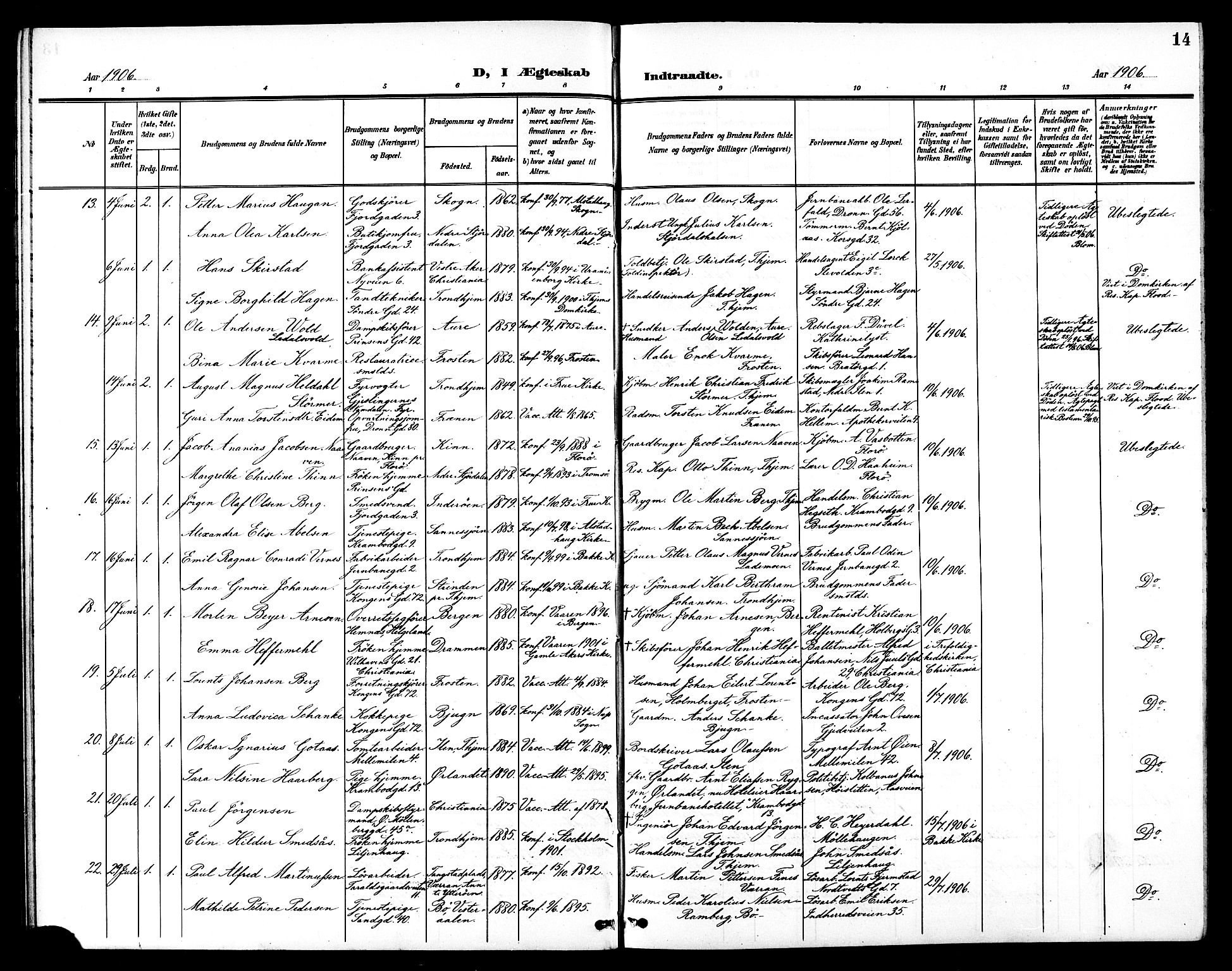 Ministerialprotokoller, klokkerbøker og fødselsregistre - Sør-Trøndelag, SAT/A-1456/602/L0145: Parish register (copy) no. 602C13, 1902-1919, p. 14