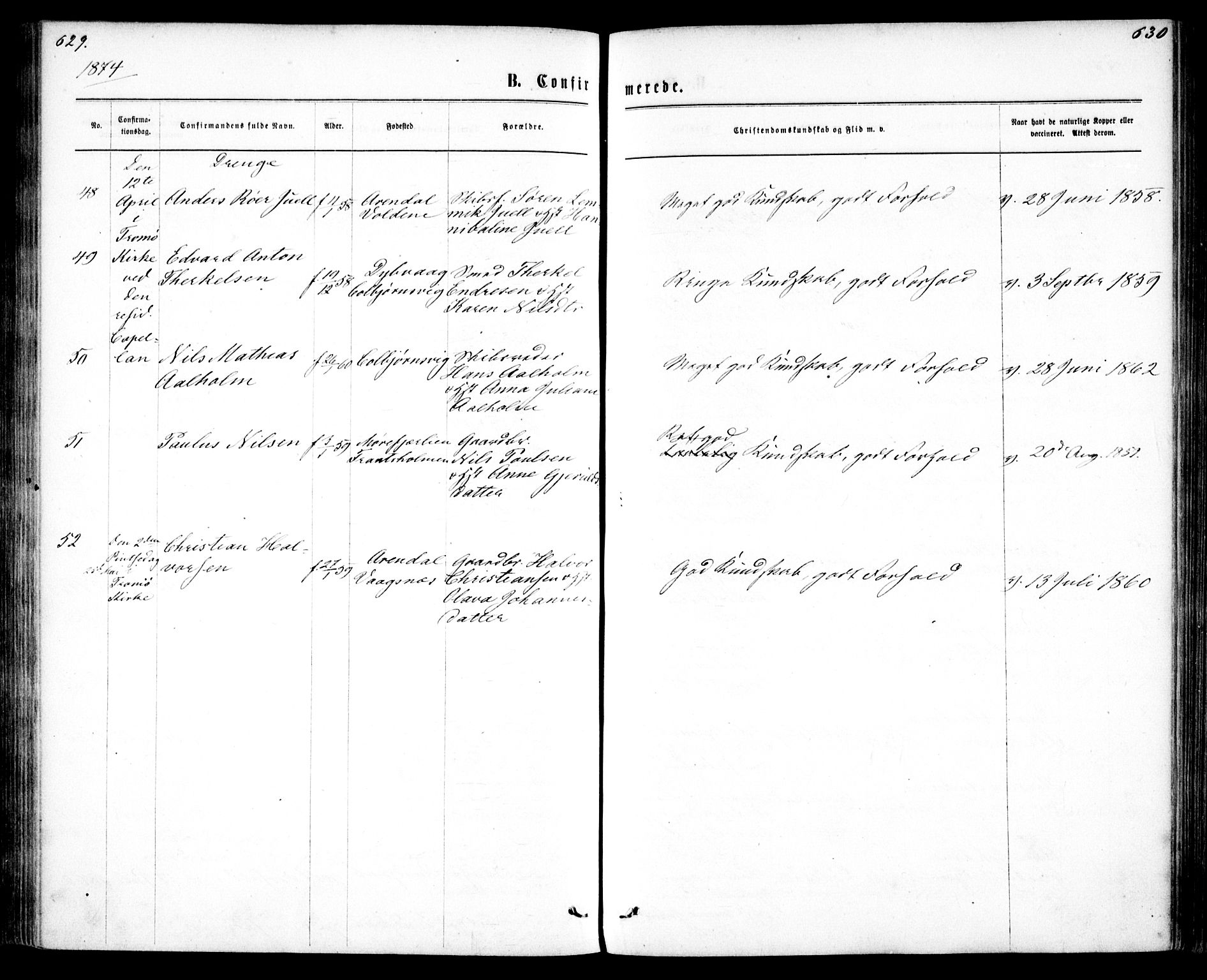 Tromøy sokneprestkontor, AV/SAK-1111-0041/F/Fa/L0008: Parish register (official) no. A 8, 1870-1877, p. 629-630