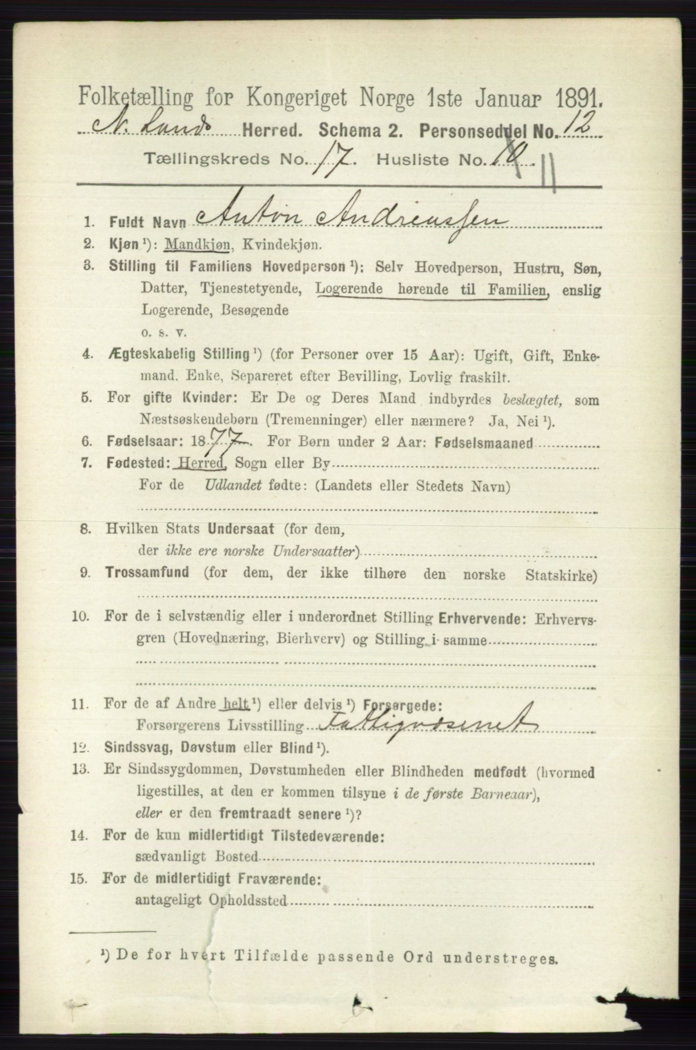 RA, 1891 census for 0538 Nordre Land, 1891, p. 4351