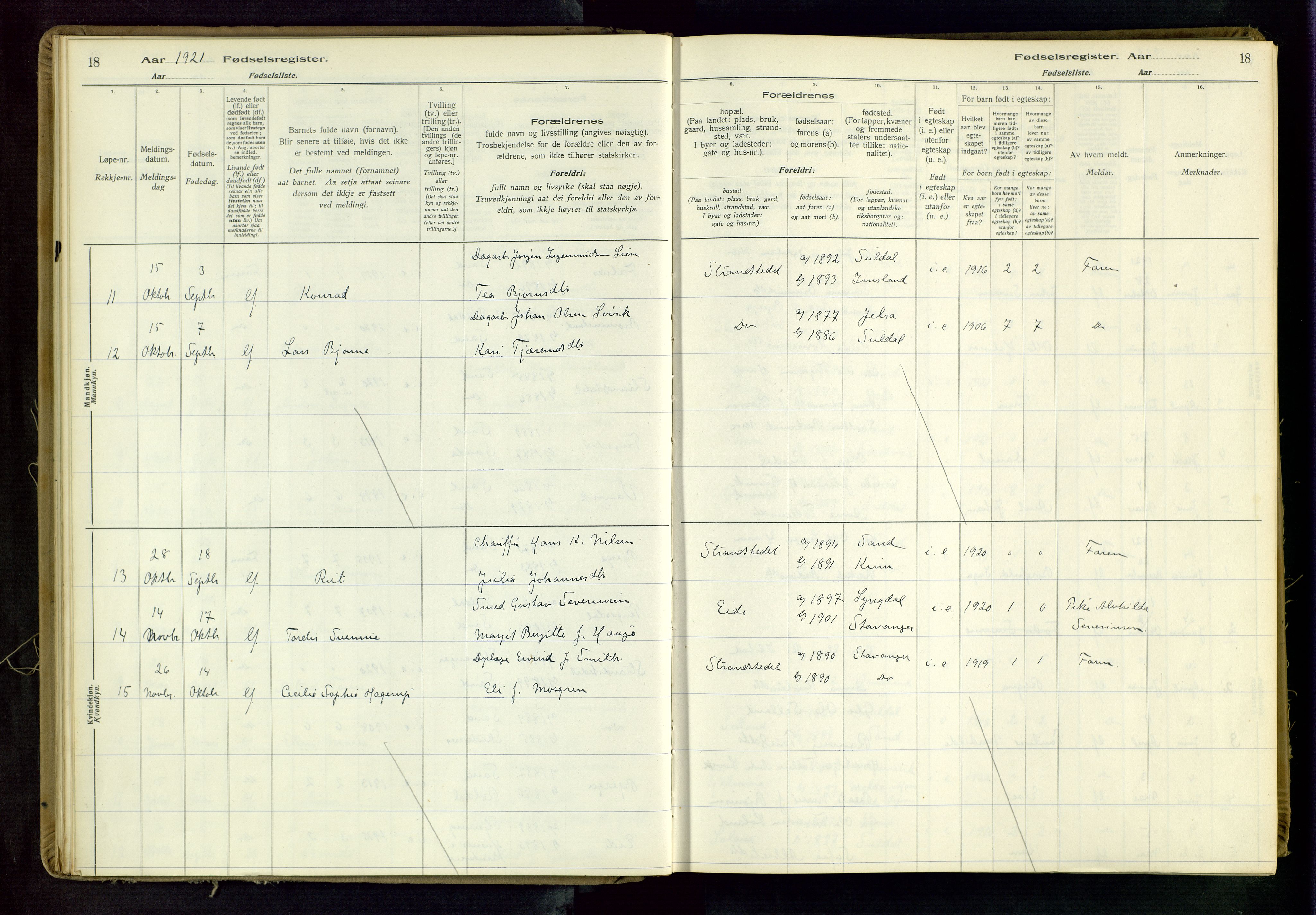 Suldal sokneprestkontor, AV/SAST-A-101845/03/A/L0001: Birth register no. 1, 1916-1982, p. 18