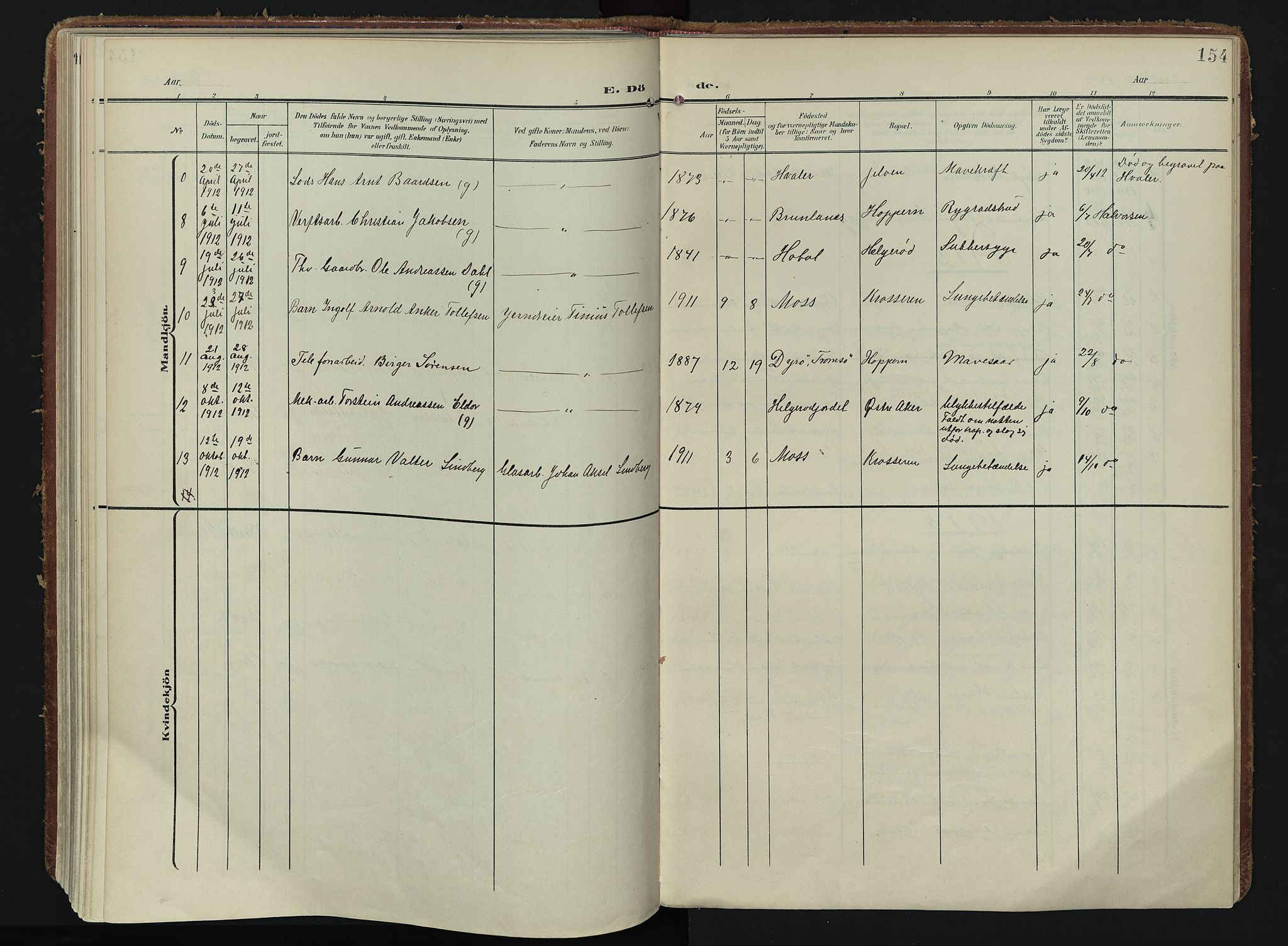 Moss prestekontor Kirkebøker, AV/SAO-A-2003/F/Fc/L0003: Parish register (official) no. III 3, 1906-1914, p. 154