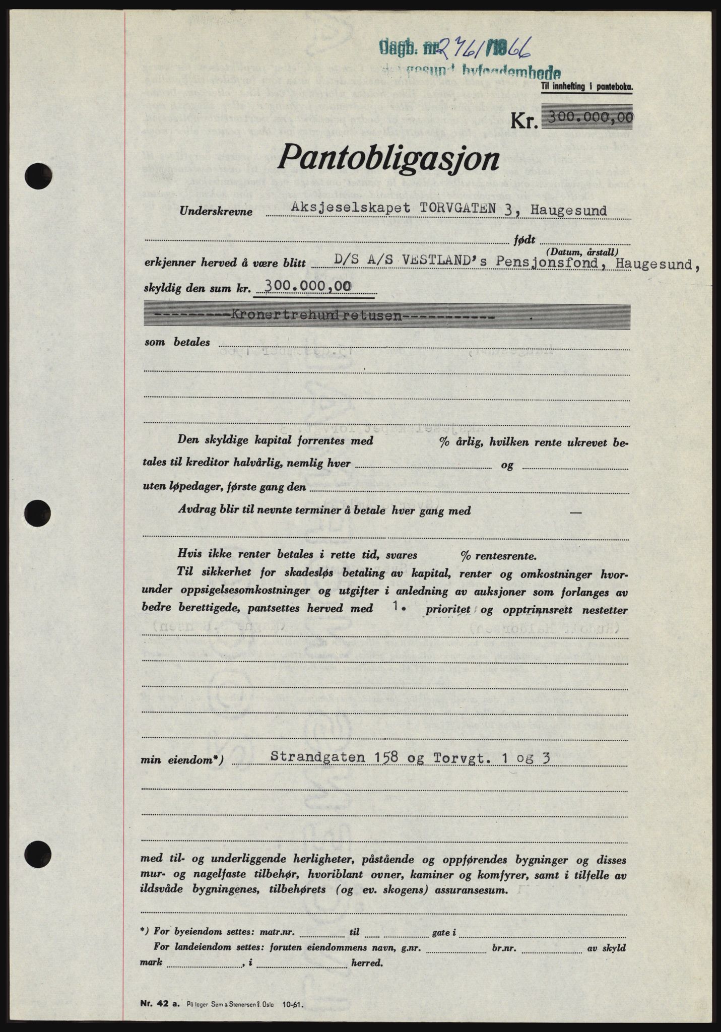 Haugesund tingrett, SAST/A-101415/01/II/IIC/L0056: Mortgage book no. B 56, 1966-1967, Diary no: : 2761/1966
