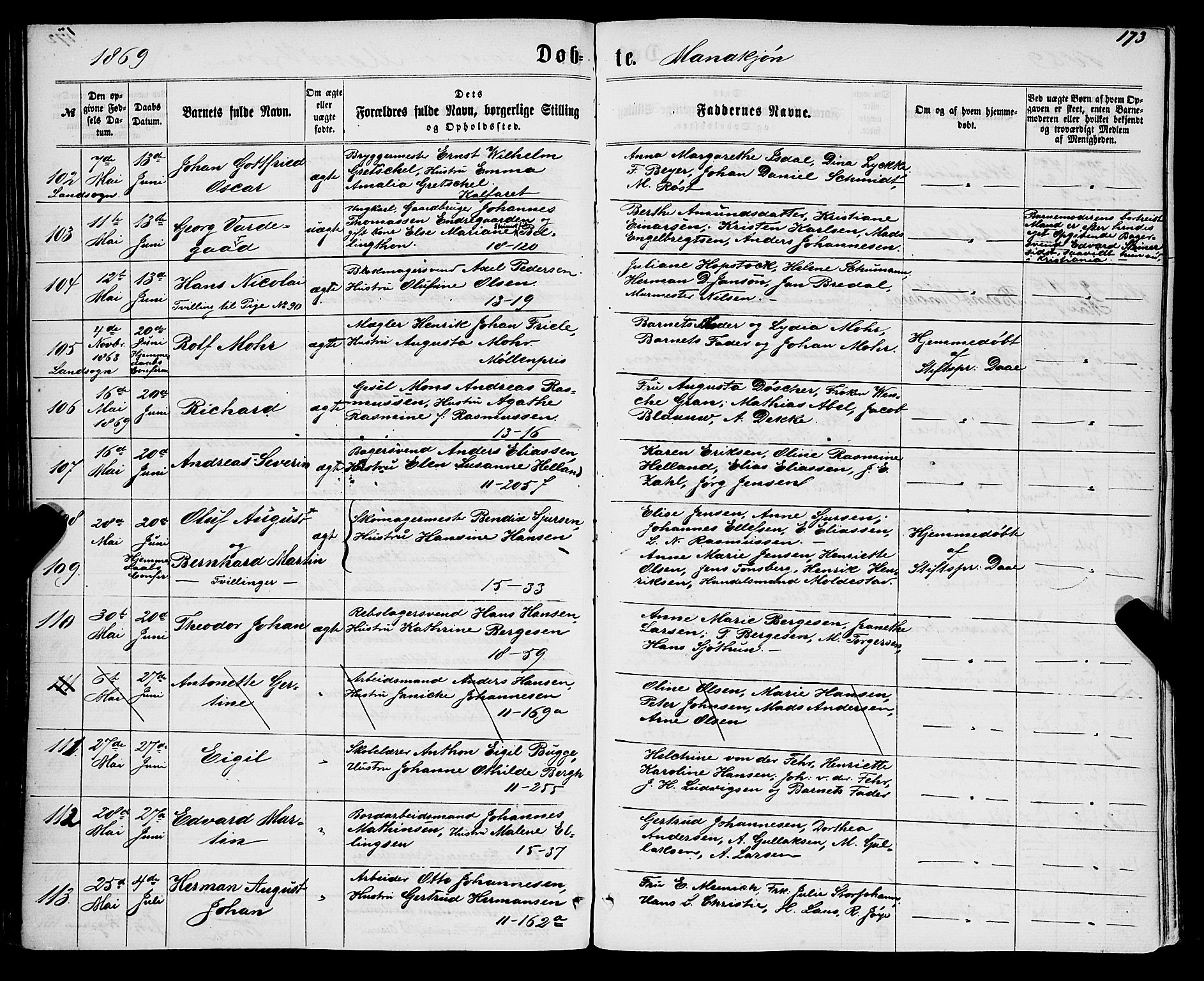 Domkirken sokneprestembete, AV/SAB-A-74801/H/Haa/L0021: Parish register (official) no. B 4, 1859-1871, p. 173