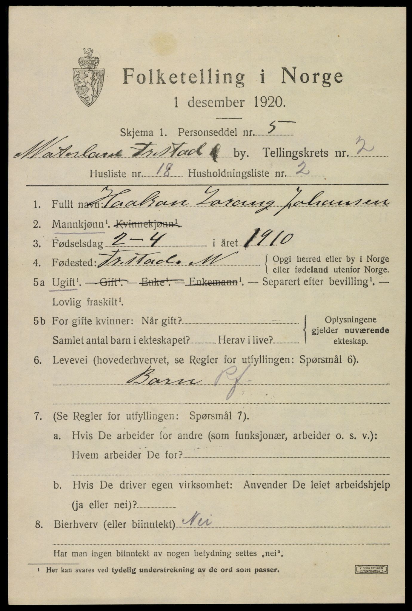 SAO, 1920 census for Fredrikstad, 1920, p. 13877