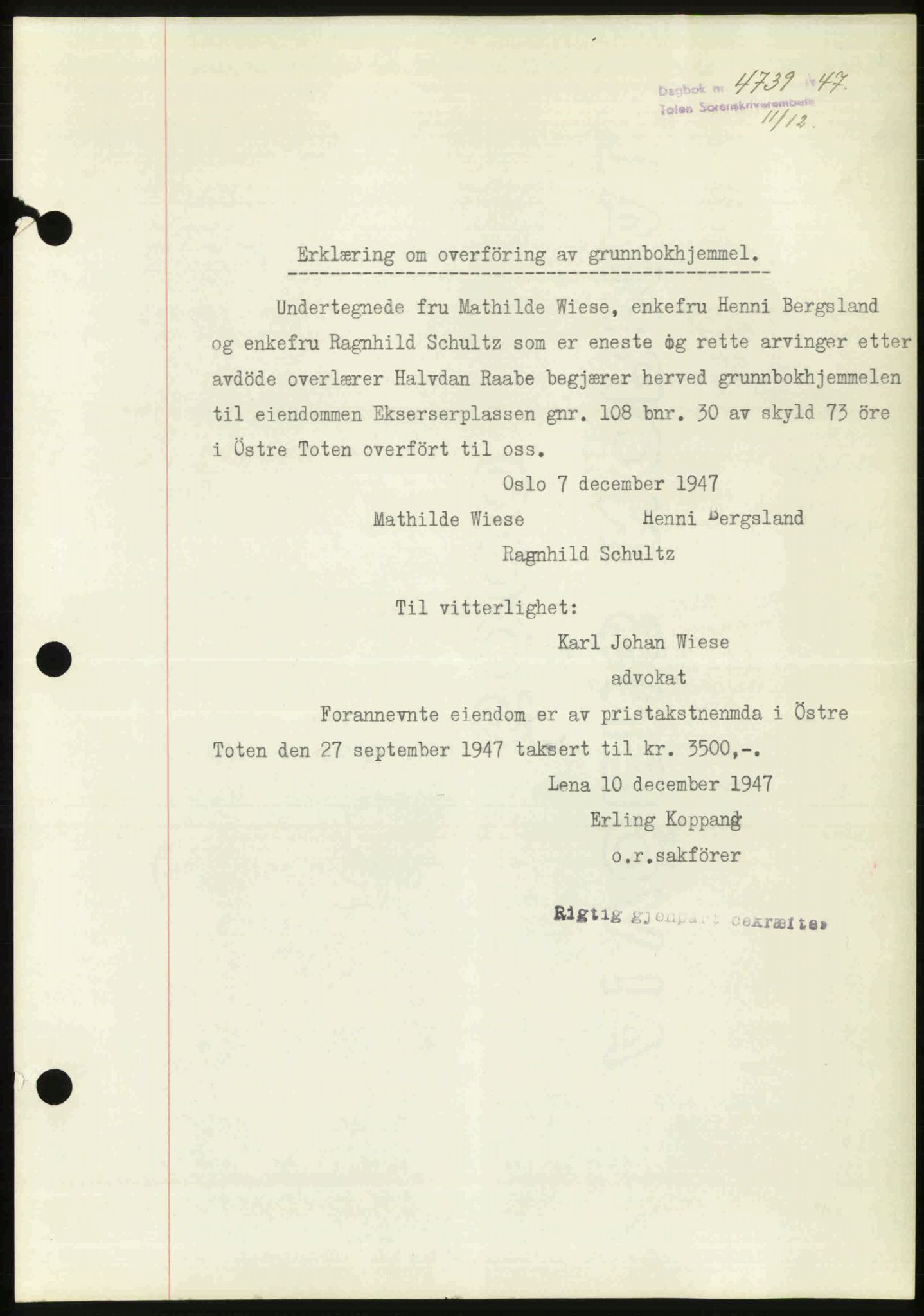 Toten tingrett, AV/SAH-TING-006/H/Hb/Hbc/L0019: Mortgage book no. Hbc-19, 1947-1948, Diary no: : 4739/1947