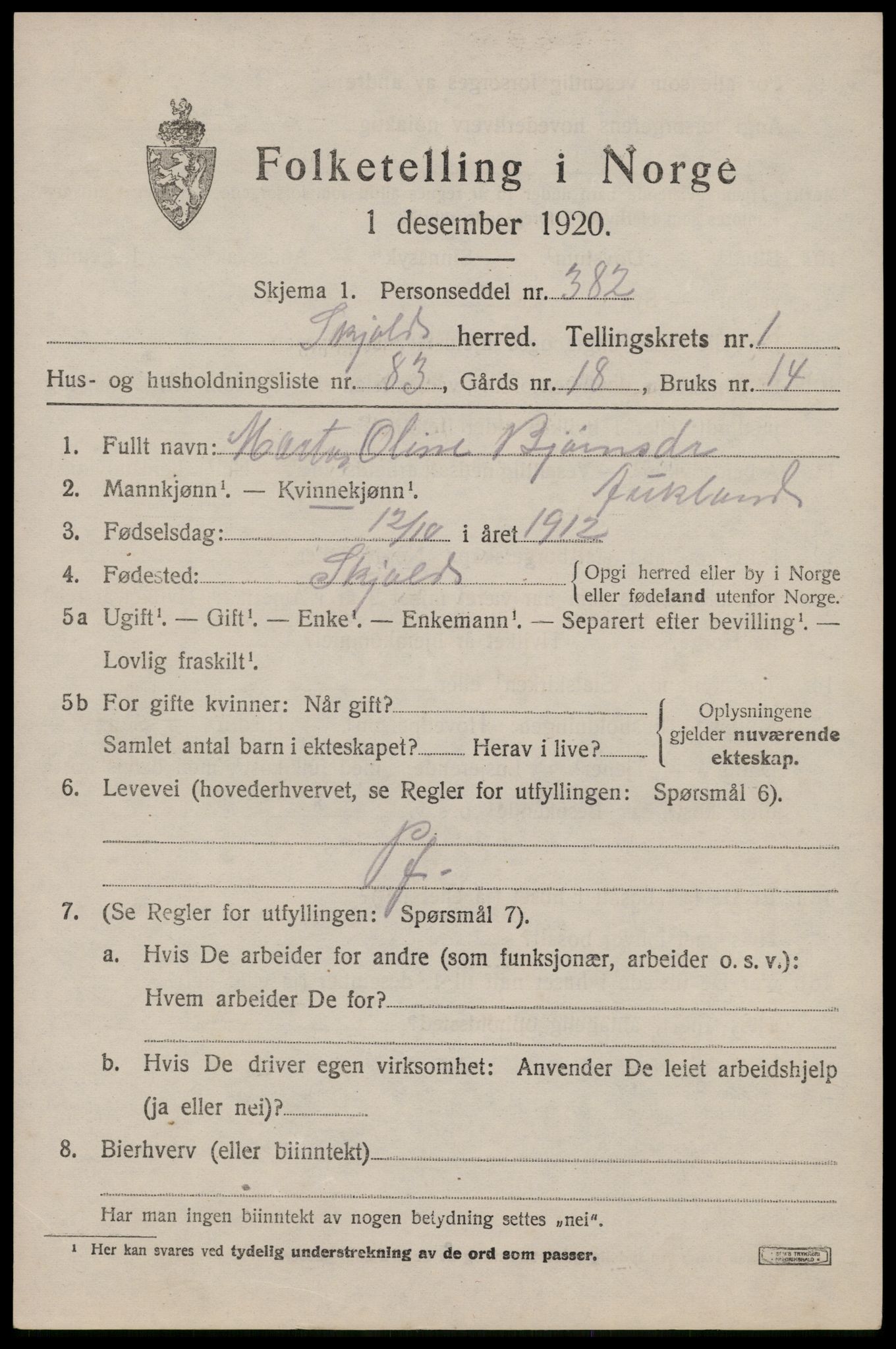 SAST, 1920 census for Skjold, 1920, p. 1676