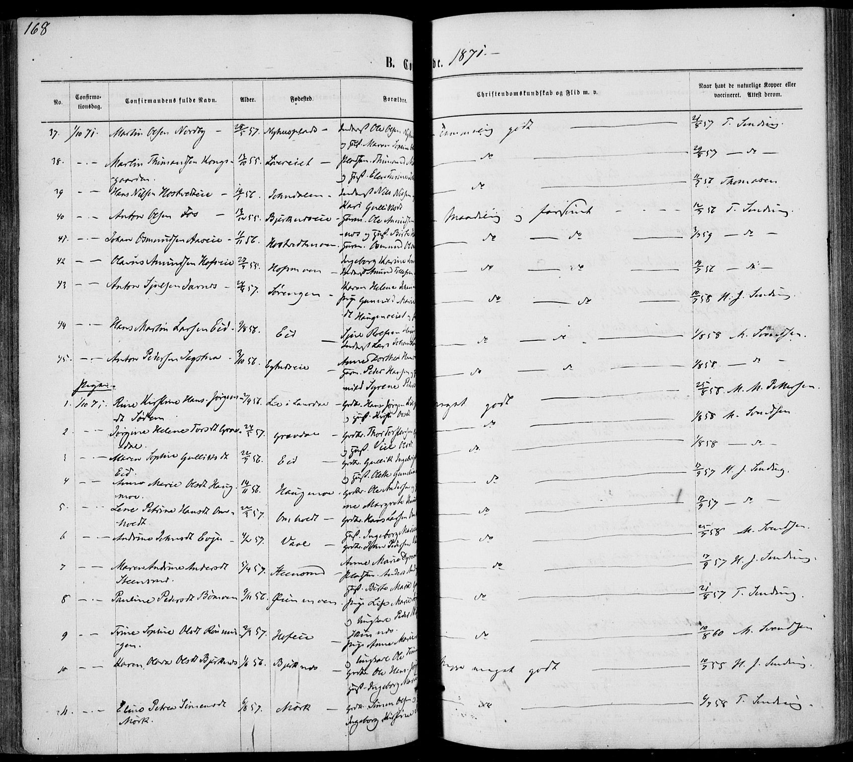 Sandsvær kirkebøker, AV/SAKO-A-244/F/Fa/L0007: Parish register (official) no. I 7, 1869-1877, p. 168