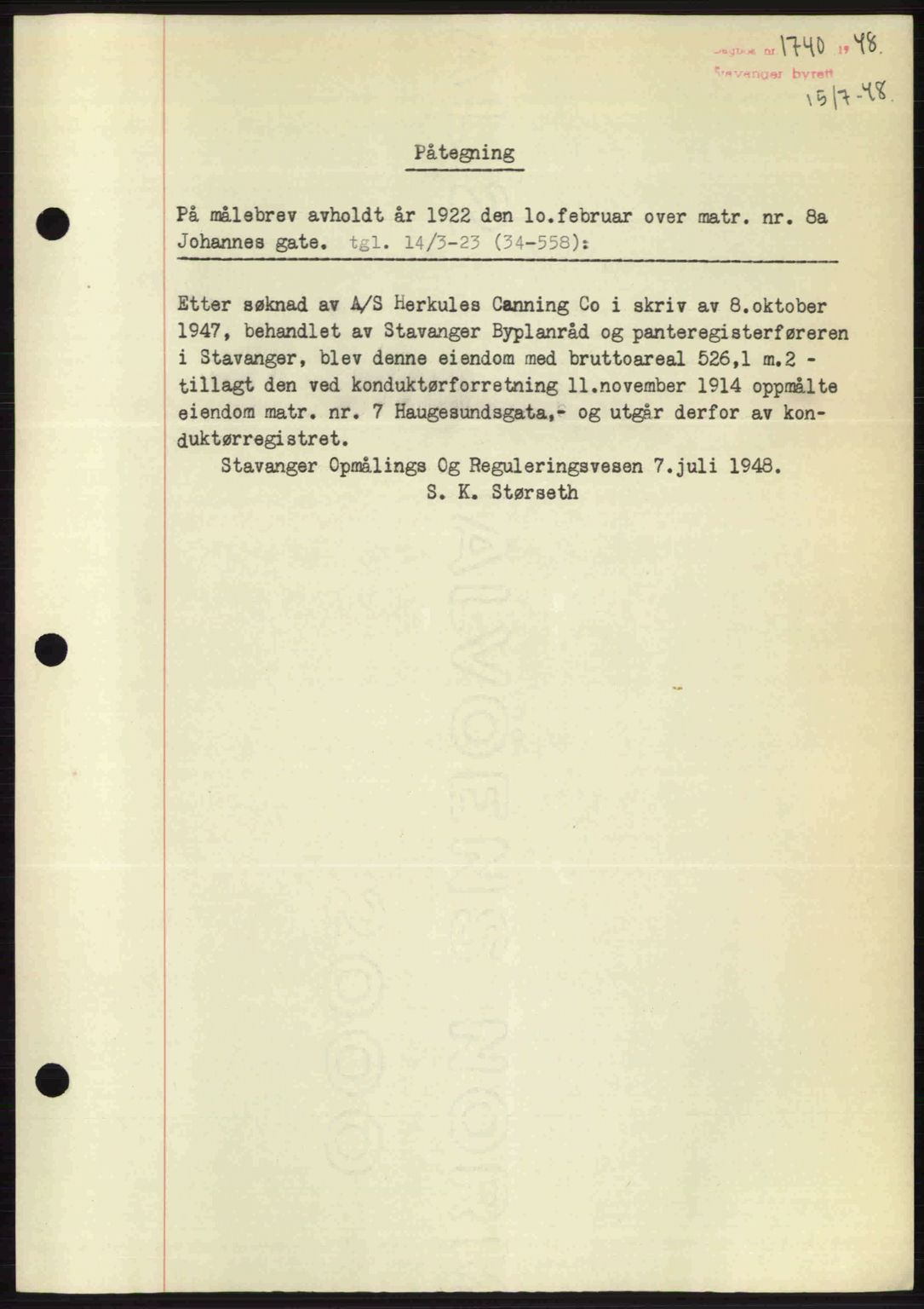 Stavanger byrett, SAST/A-100455/002/G/Gb/L0022: Mortgage book no. A11, 1947-1948, Diary no: : 1740/1948