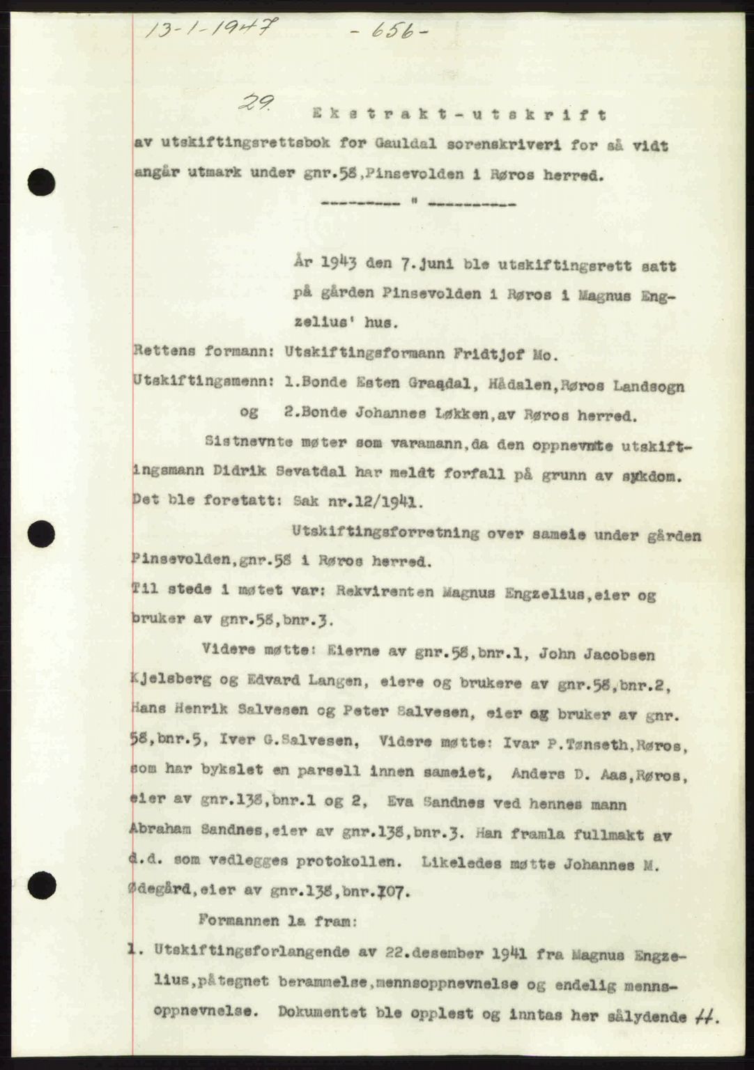 Gauldal sorenskriveri, SAT/A-0014/1/2/2C: Mortgage book no. A3, 1947-1947, Diary no: : 29/1947