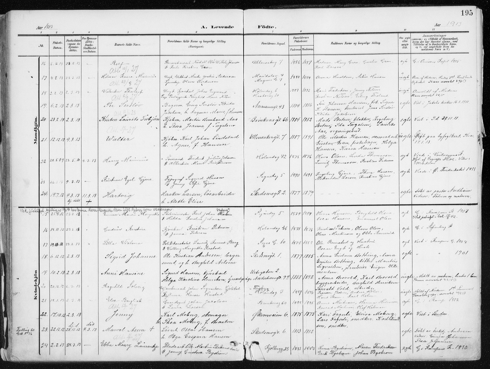 Kampen prestekontor Kirkebøker, AV/SAO-A-10853/F/Fa/L0010: Parish register (official) no. I 10, 1905-1917, p. 195