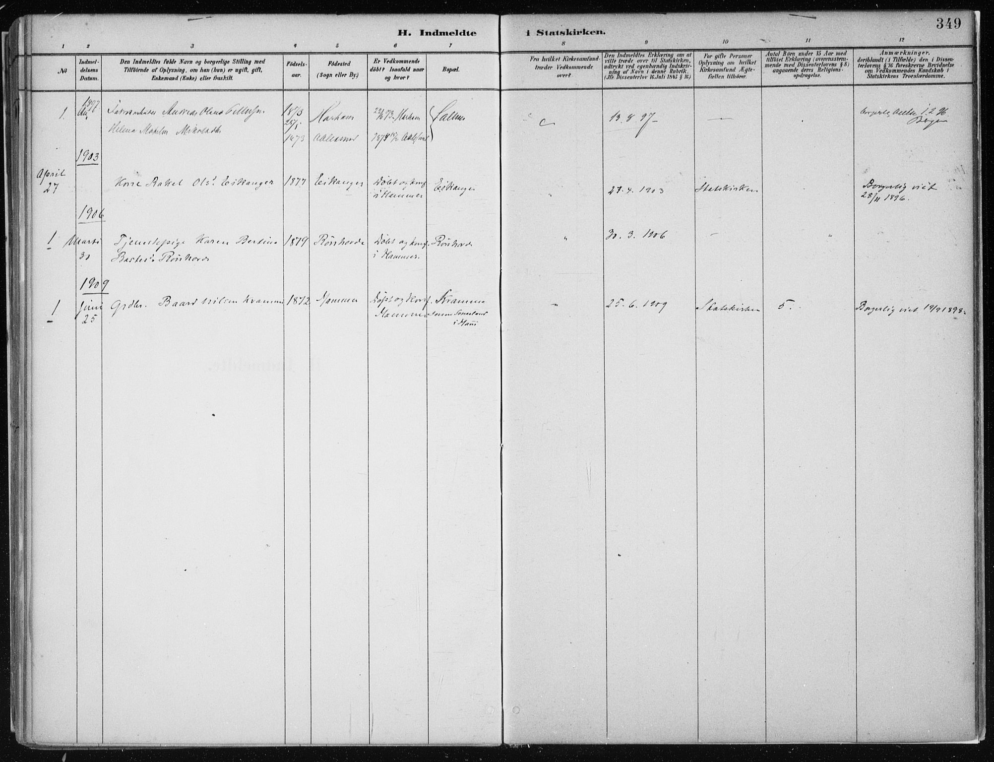 Hamre sokneprestembete, SAB/A-75501/H/Ha/Haa/Haab/L0001: Parish register (official) no. B  1, 1882-1905, p. 349