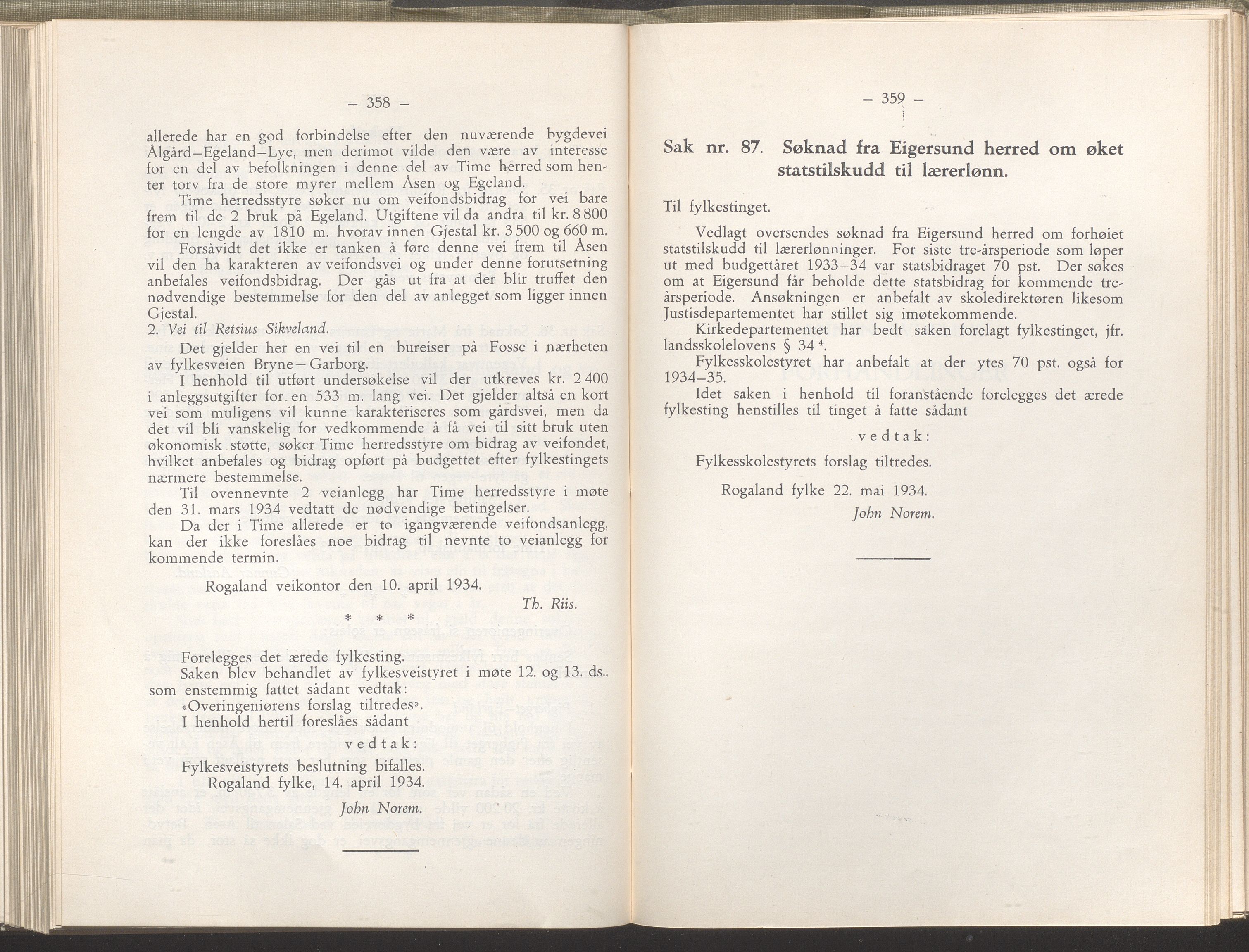 Rogaland fylkeskommune - Fylkesrådmannen , IKAR/A-900/A/Aa/Aaa/L0053: Møtebok , 1934, p. 358-359