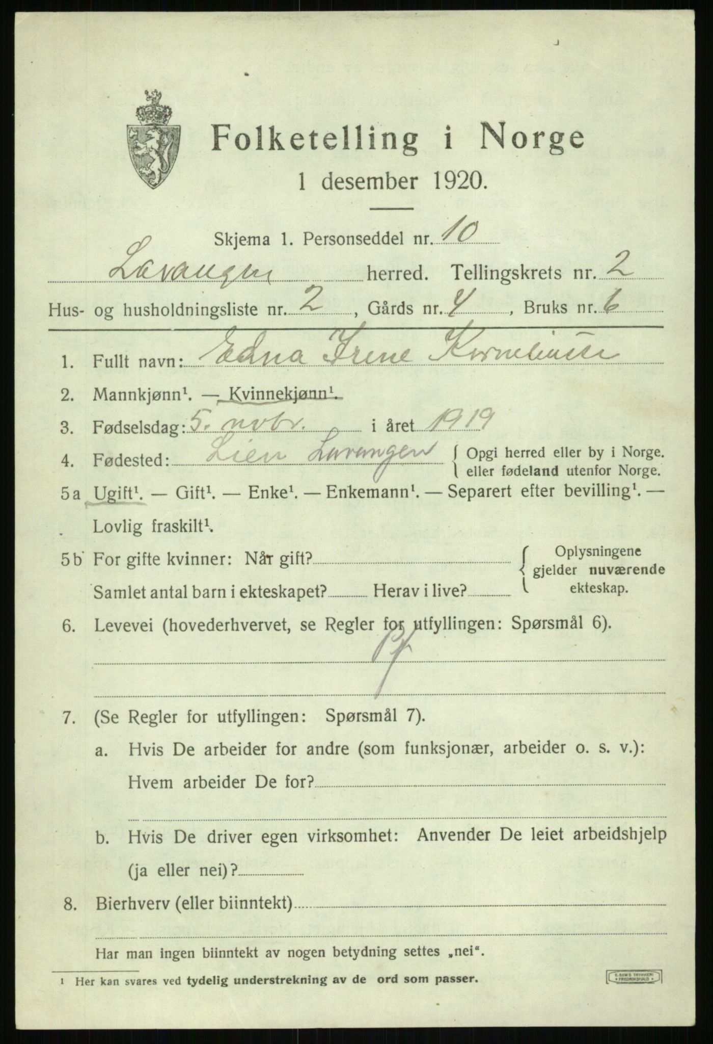 SATØ, 1920 census for Lavangen, 1920, p. 961