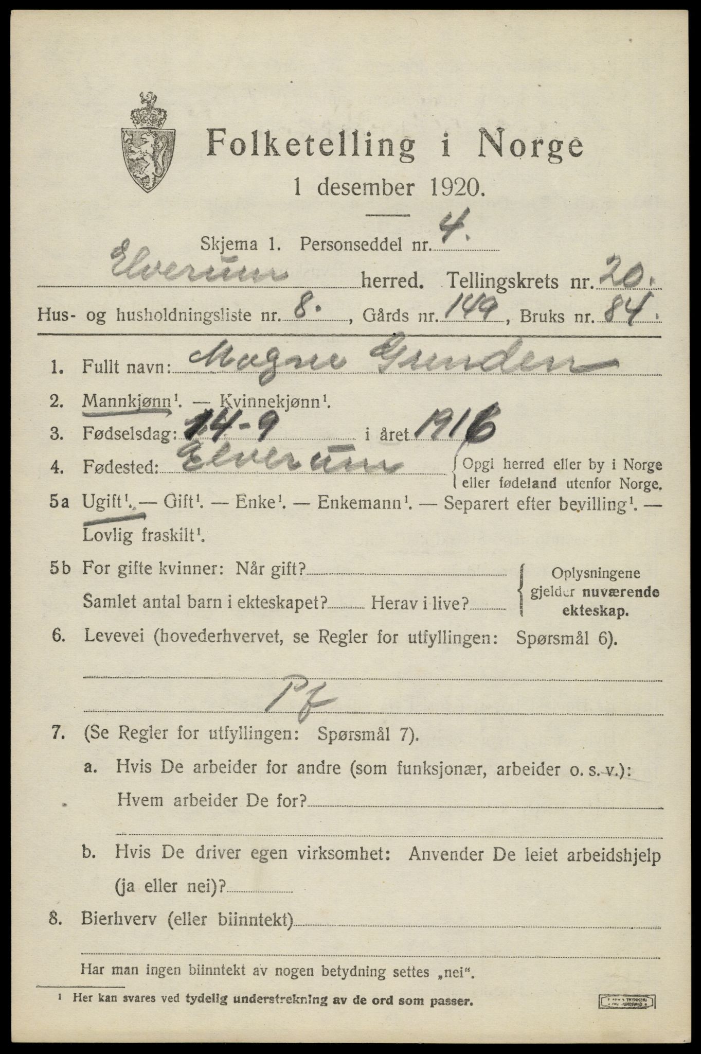 SAH, 1920 census for Elverum, 1920, p. 23382