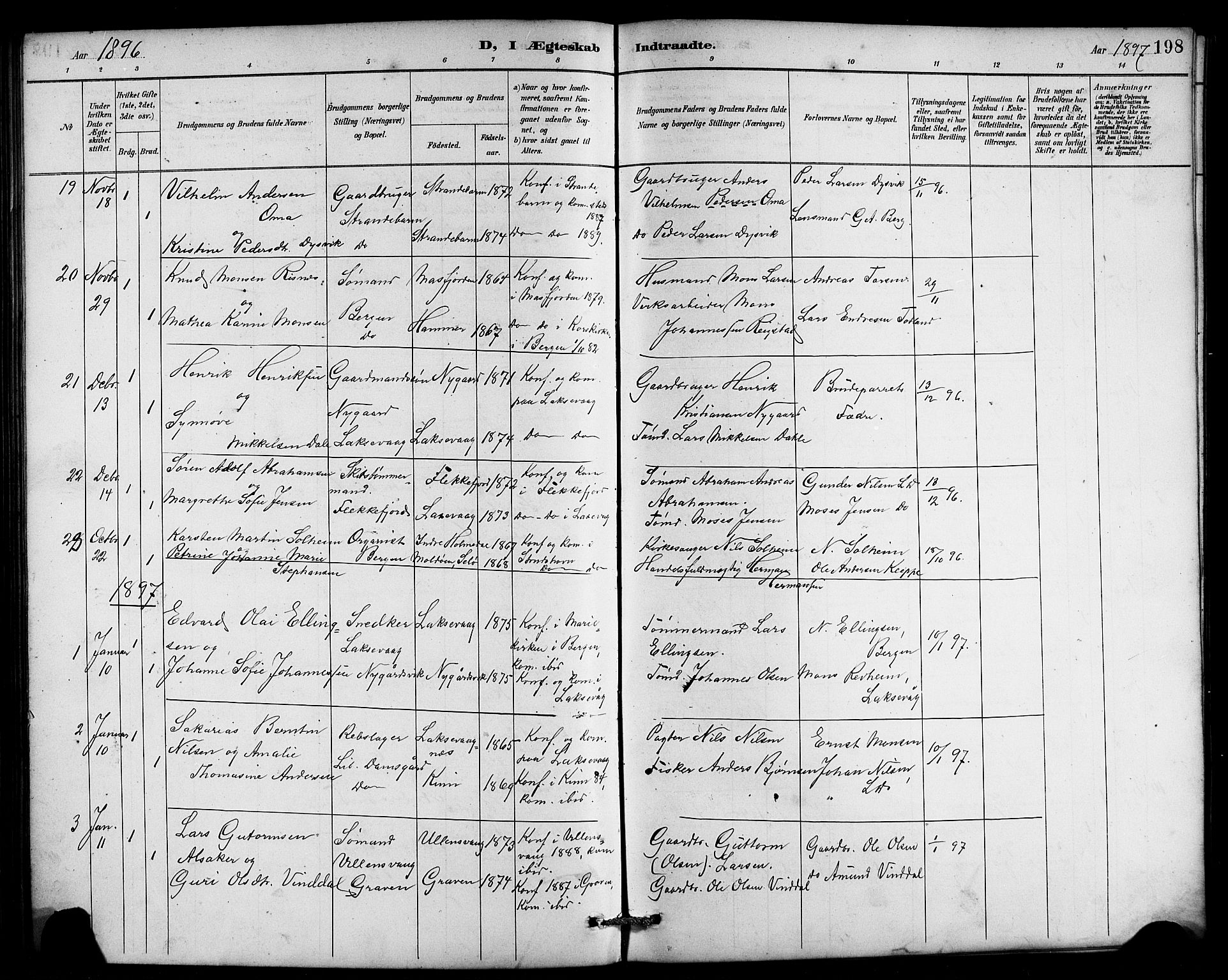 Laksevåg Sokneprestembete, SAB/A-76501/H/Ha/Hab/Haba/L0003: Parish register (copy) no. A 3, 1887-1899, p. 198