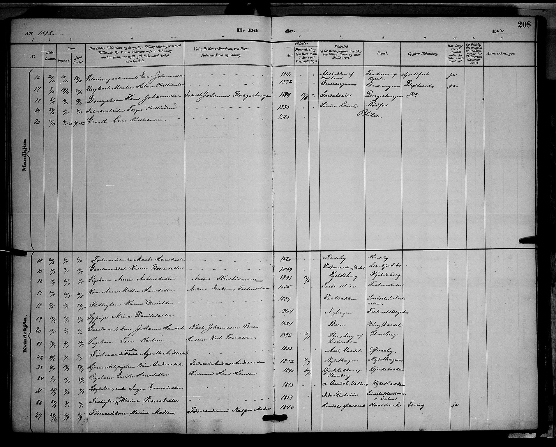Vestre Toten prestekontor, SAH/PREST-108/H/Ha/Hab/L0009: Parish register (copy) no. 9, 1888-1900, p. 208
