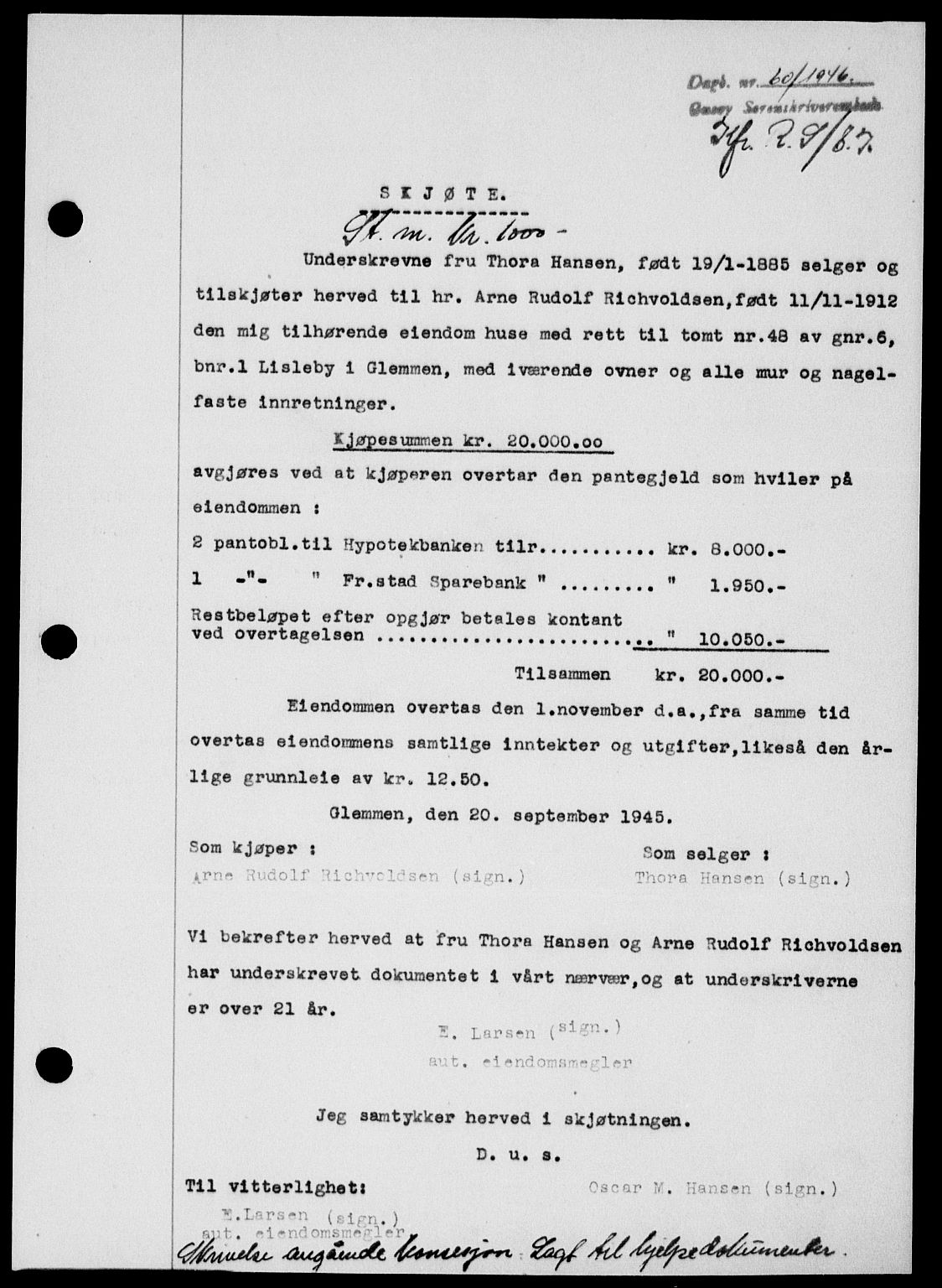 Onsøy sorenskriveri, SAO/A-10474/G/Ga/Gab/L0015: Mortgage book no. II A-15, 1945-1946, Diary no: : 60/1946