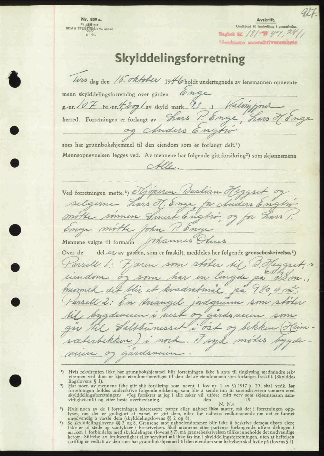 Nordmøre sorenskriveri, AV/SAT-A-4132/1/2/2Ca: Mortgage book no. A103, 1946-1947, Diary no: : 181/1947