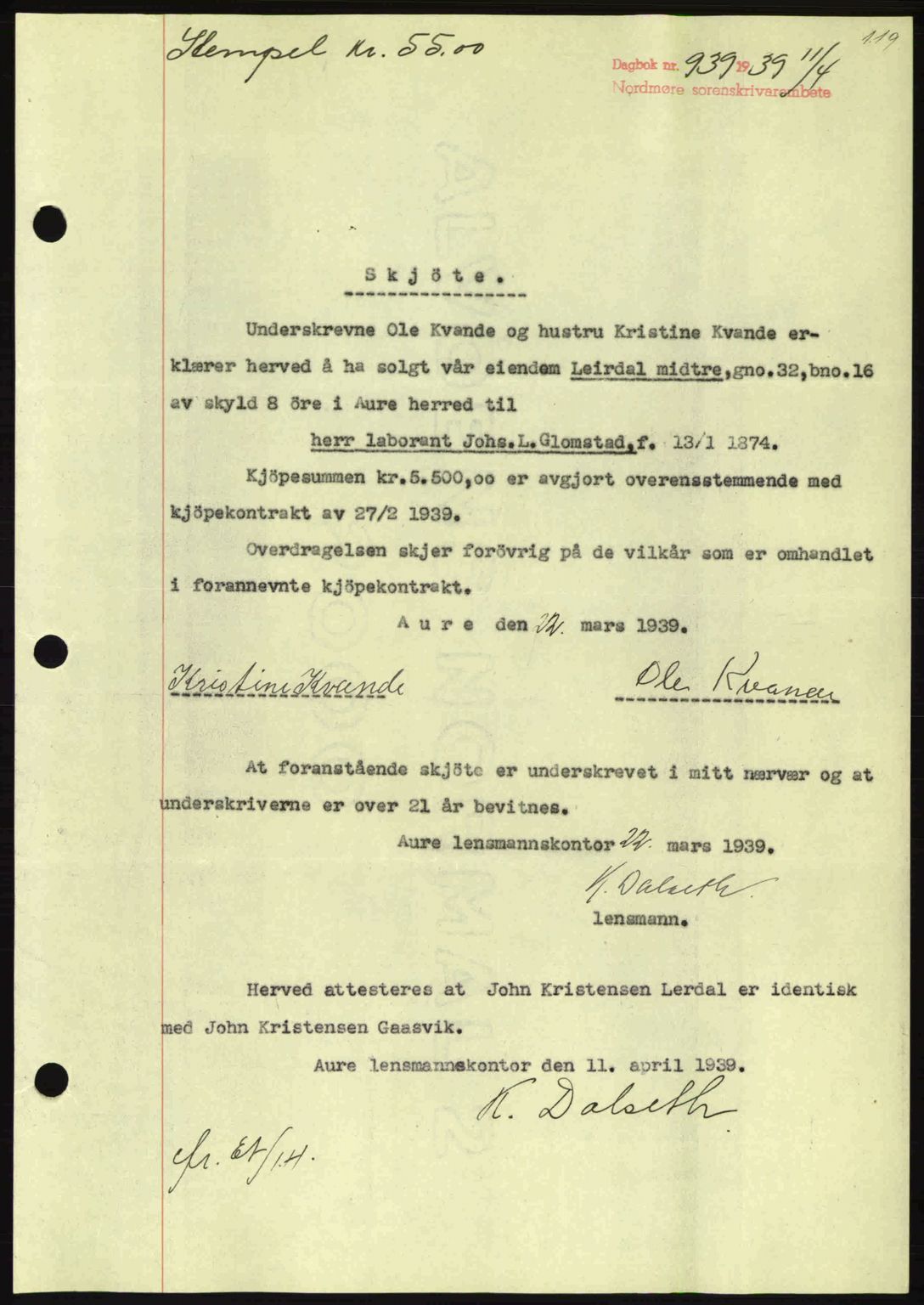 Nordmøre sorenskriveri, AV/SAT-A-4132/1/2/2Ca: Mortgage book no. A86, 1939-1939, Diary no: : 939/1939