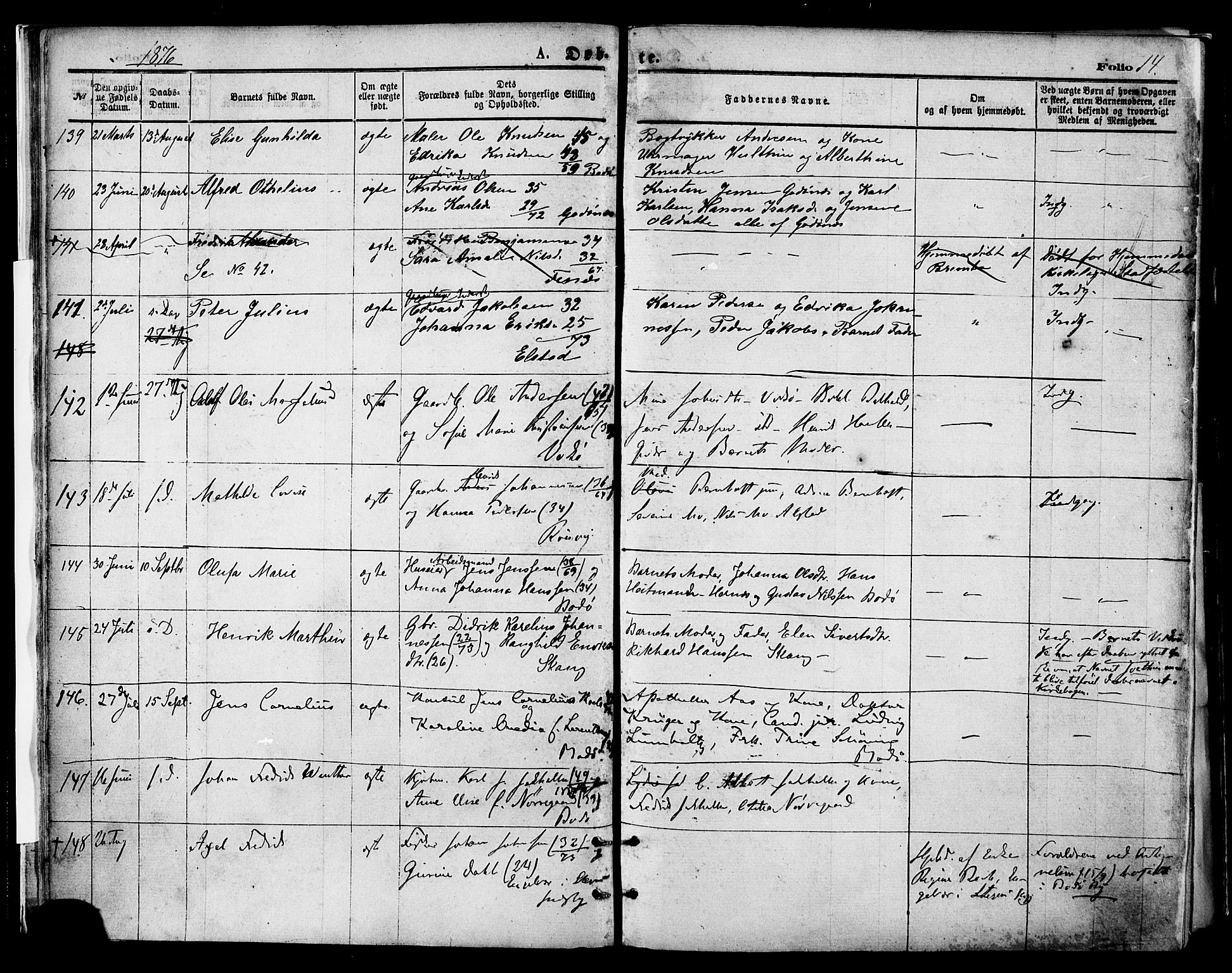 Ministerialprotokoller, klokkerbøker og fødselsregistre - Nordland, AV/SAT-A-1459/801/L0009: Parish register (official) no. 801A09, 1876-1883, p. 14