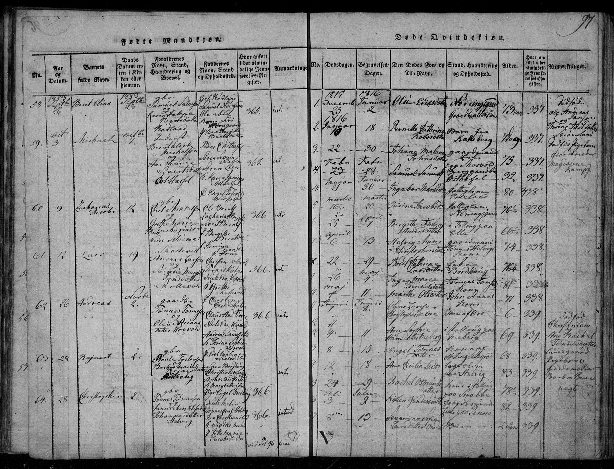 Lista sokneprestkontor, SAK/1111-0027/F/Fa/L0007: Parish register (official) no. A 7, 1816-1823, p. 97