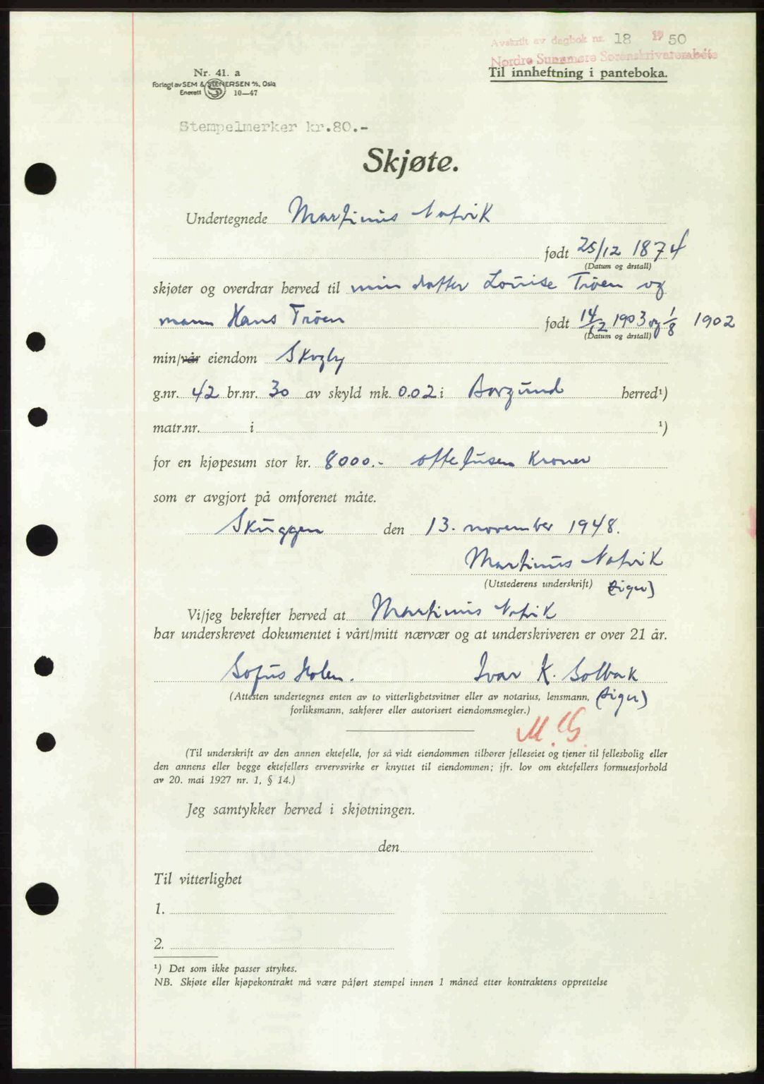 Nordre Sunnmøre sorenskriveri, AV/SAT-A-0006/1/2/2C/2Ca: Mortgage book no. A33, 1949-1950, Diary no: : 18/1950