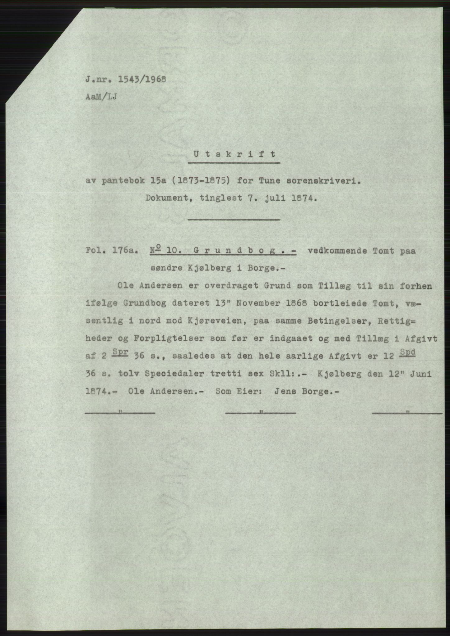 Statsarkivet i Oslo, AV/SAO-A-10621/Z/Zd/L0027: Avskrifter, j.nr 11-2037/1968, 1968, p. 278