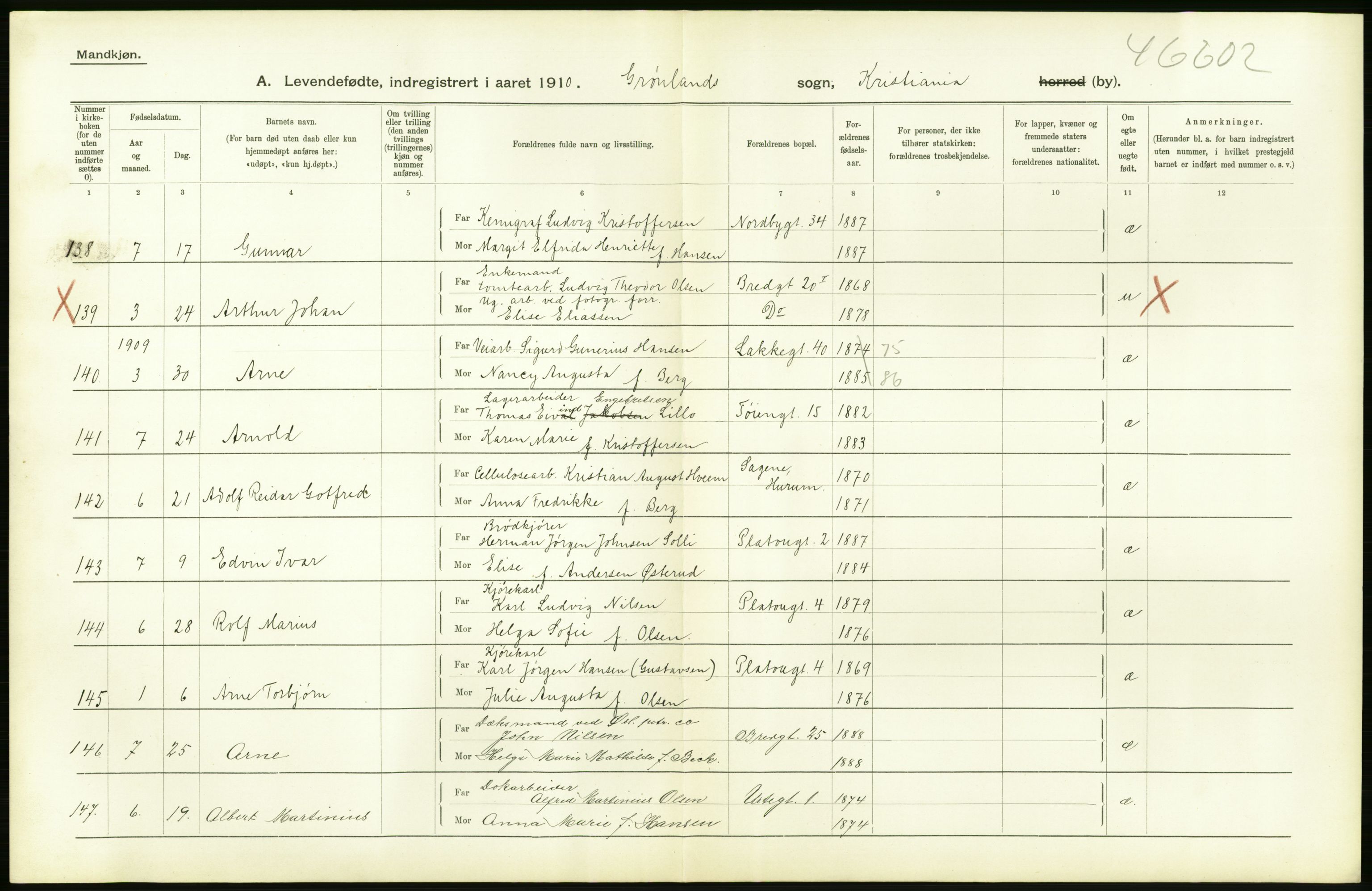 Statistisk sentralbyrå, Sosiodemografiske emner, Befolkning, AV/RA-S-2228/D/Df/Dfa/Dfah/L0006: Kristiania: Levendefødte menn., 1910, p. 692