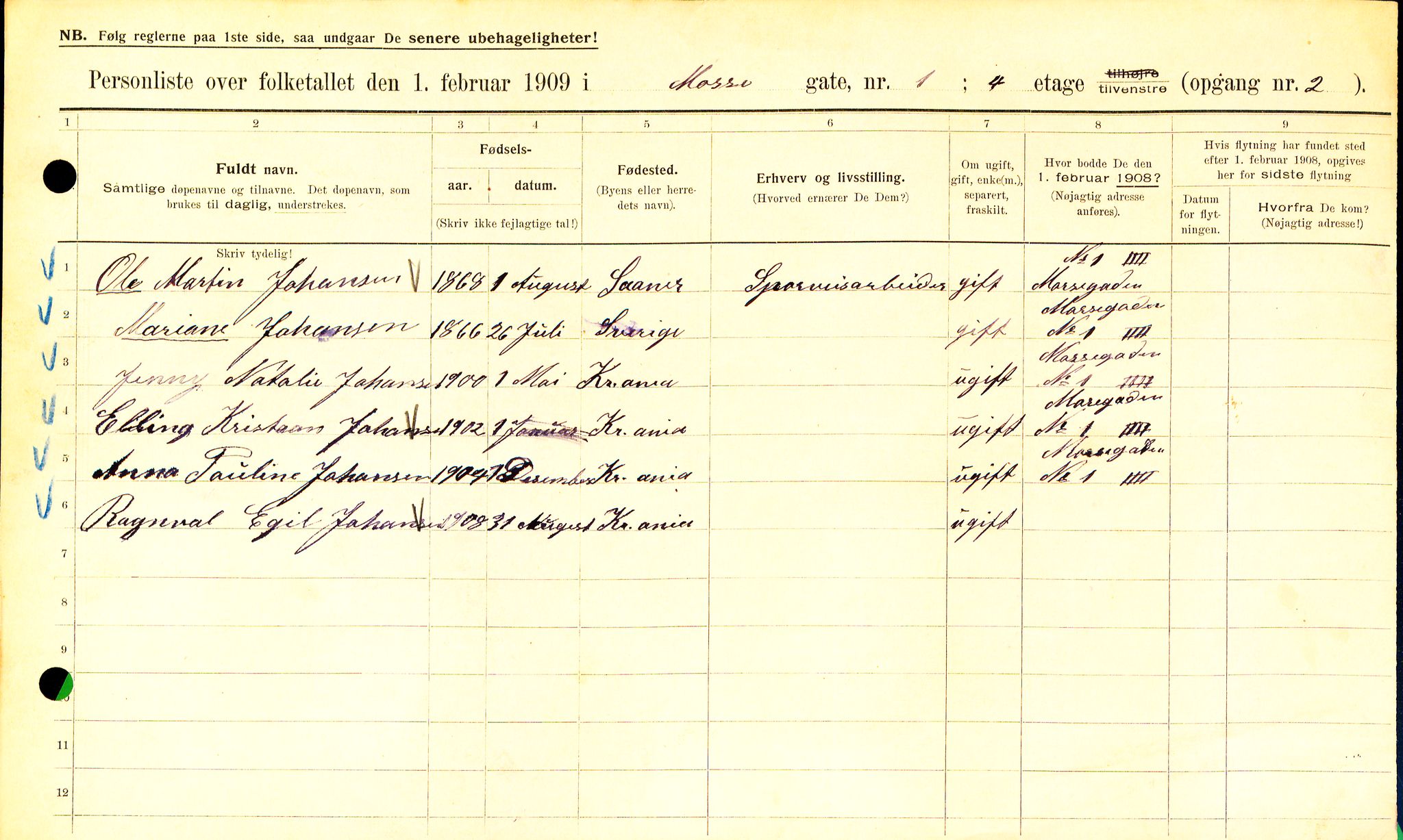 OBA, Municipal Census 1909 for Kristiania, 1909, p. 59453