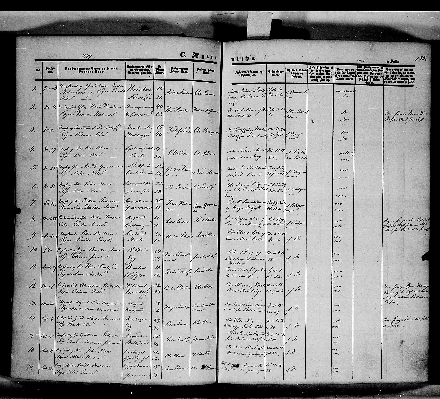 Våler prestekontor, Hedmark, SAH/PREST-040/H/Ha/Haa/L0001: Parish register (official) no. 1, 1849-1878, p. 185