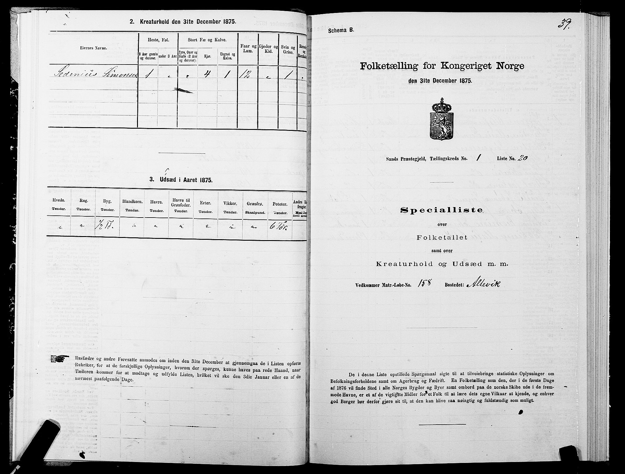 SATØ, 1875 census for 1915P Sand, 1875, p. 1039