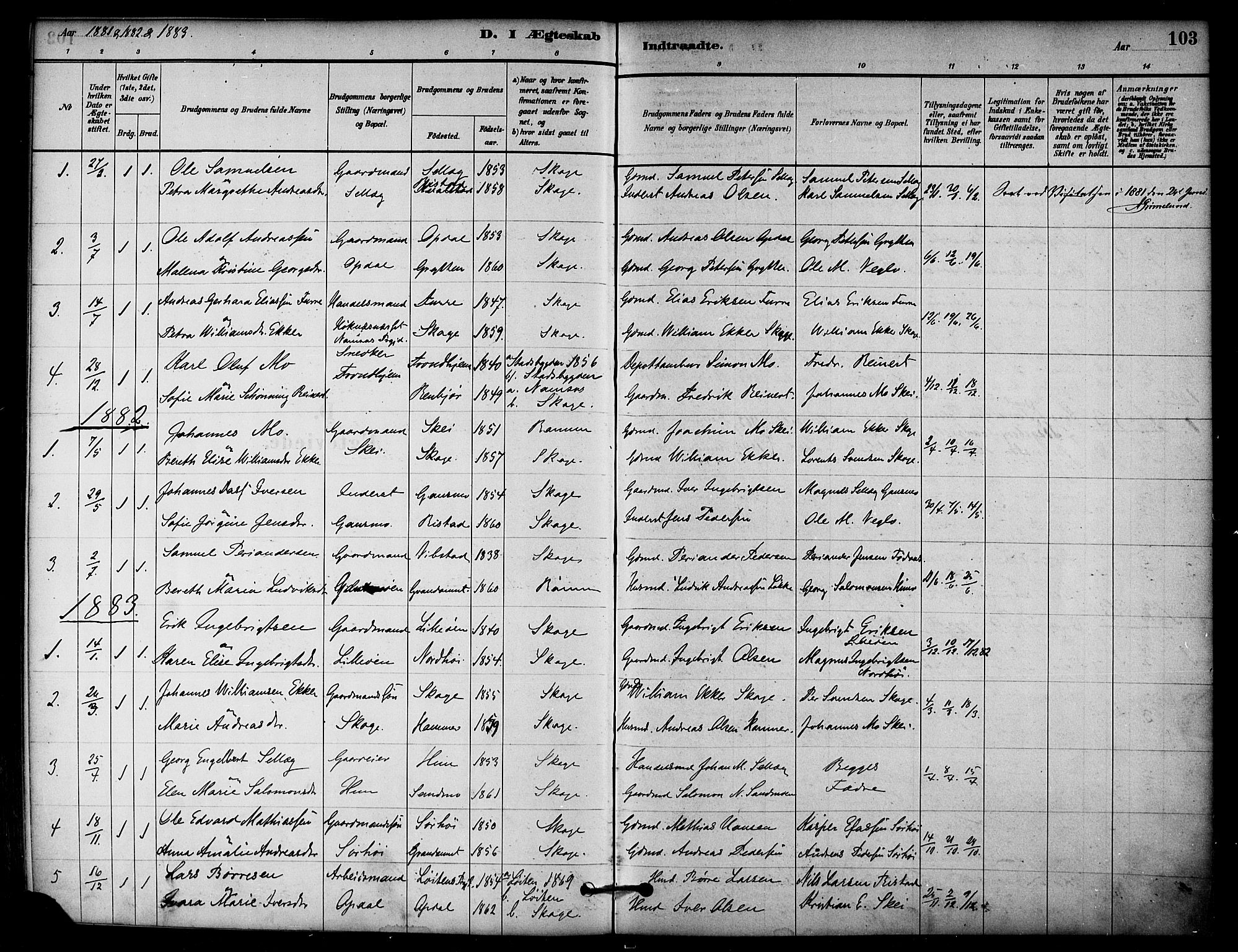 Ministerialprotokoller, klokkerbøker og fødselsregistre - Nord-Trøndelag, SAT/A-1458/766/L0563: Parish register (official) no. 767A01, 1881-1899, p. 103