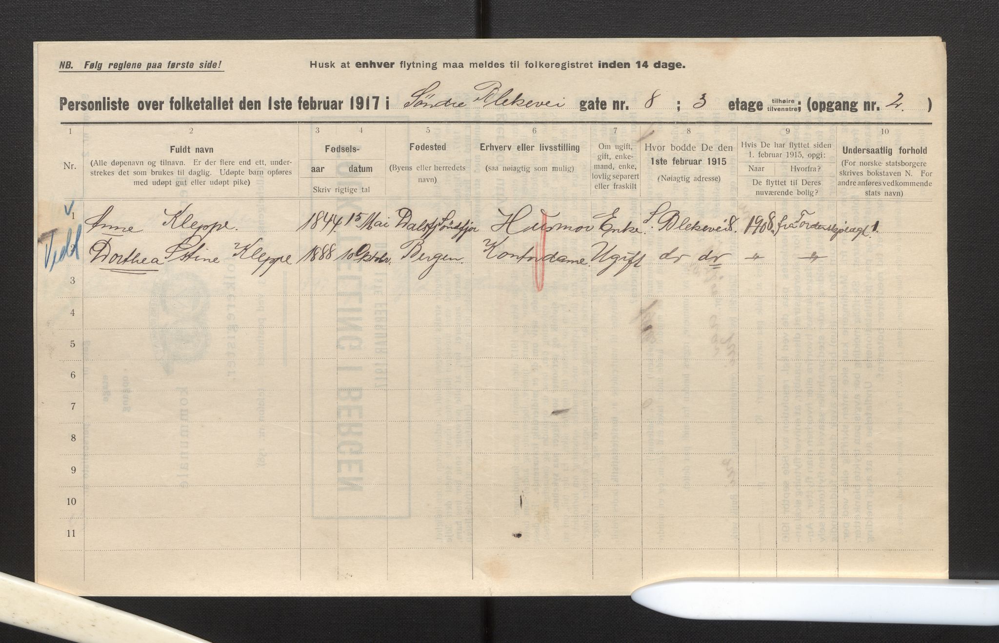 SAB, Municipal Census 1917 for Bergen, 1917, p. 3061