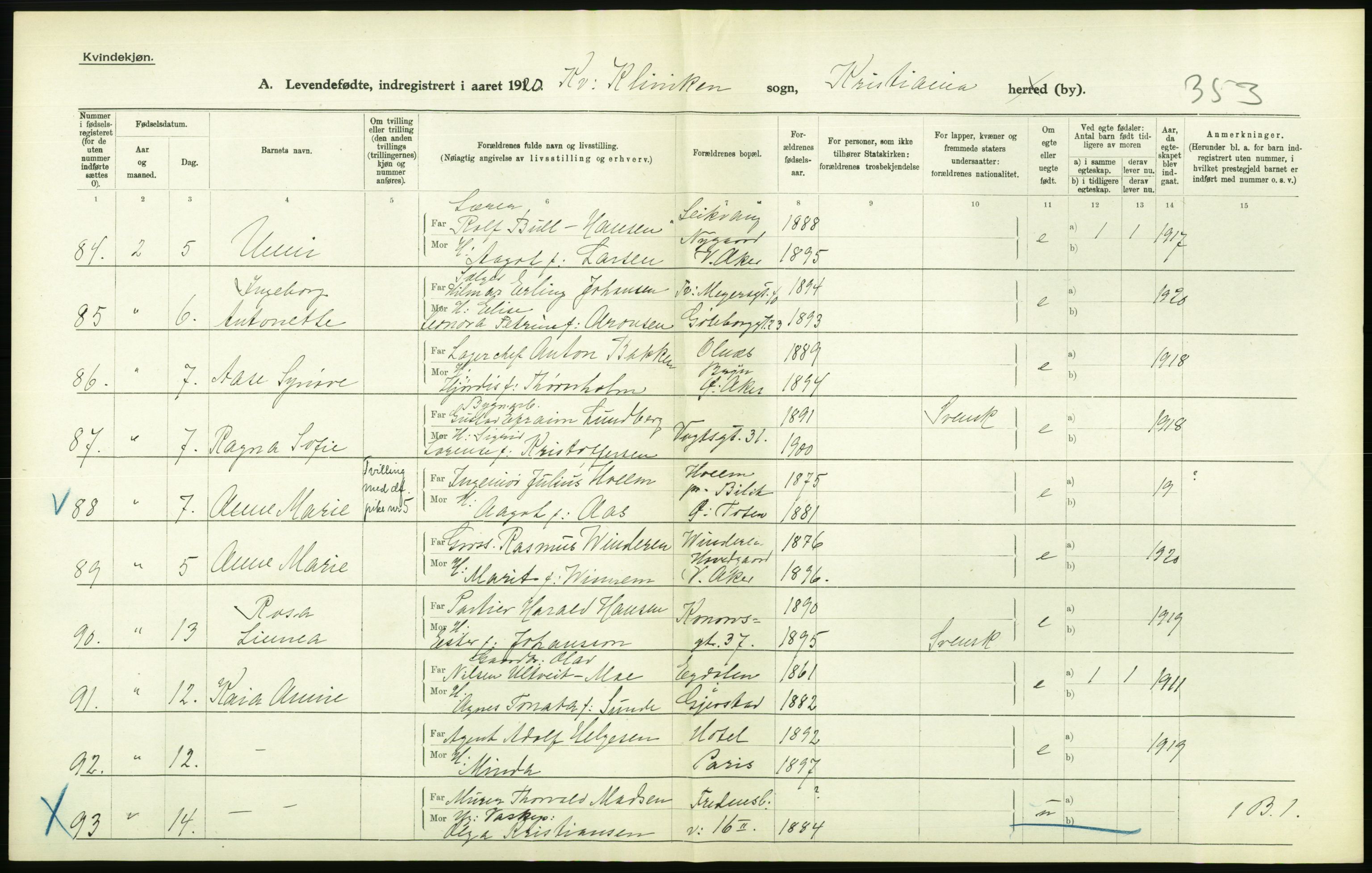 Statistisk sentralbyrå, Sosiodemografiske emner, Befolkning, AV/RA-S-2228/D/Df/Dfb/Dfbj/L0008: Kristiania: Levendefødte menn og kvinner., 1920, p. 544