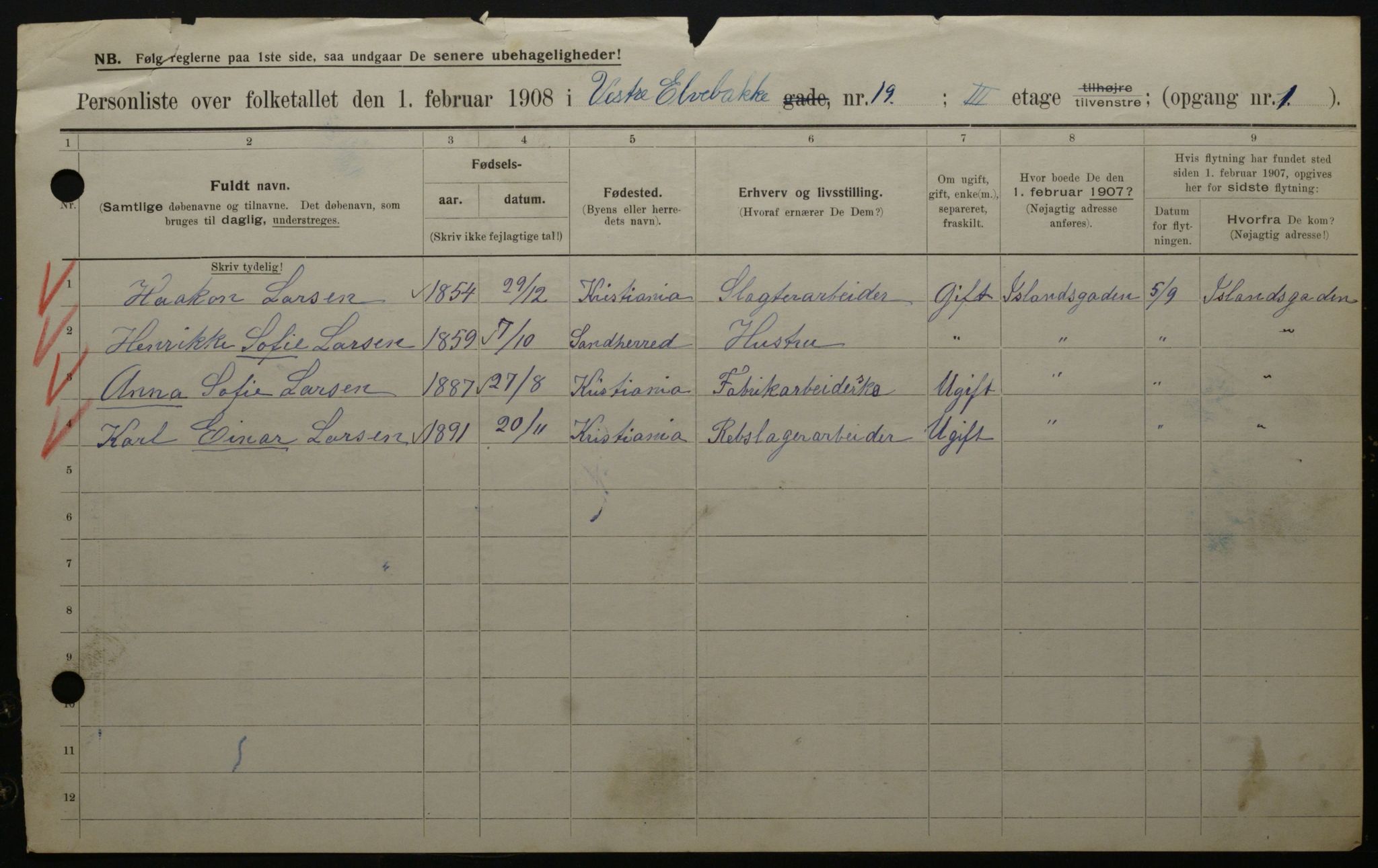 OBA, Municipal Census 1908 for Kristiania, 1908, p. 110050