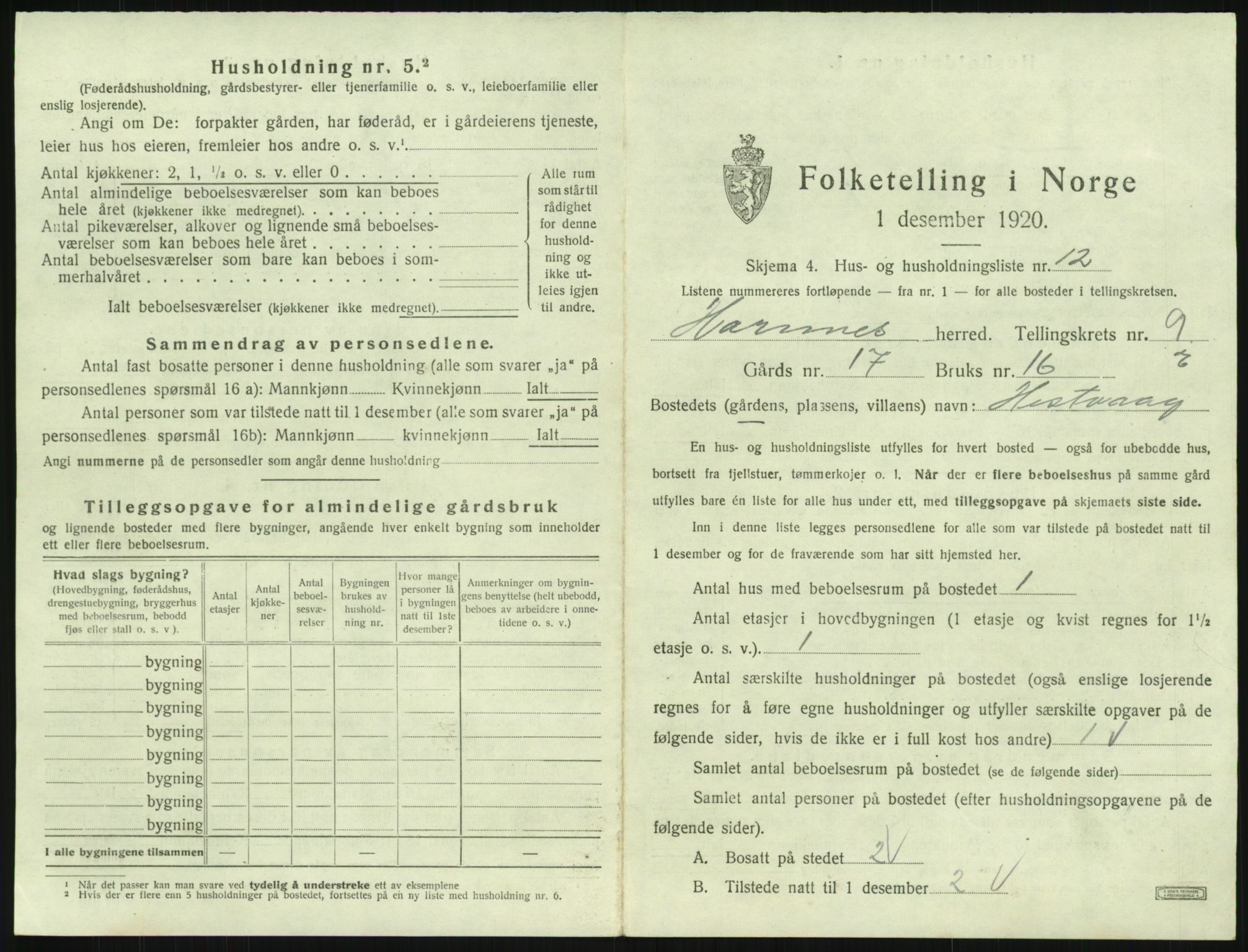 SAK, 1920 census for Hornnes, 1920, p. 373
