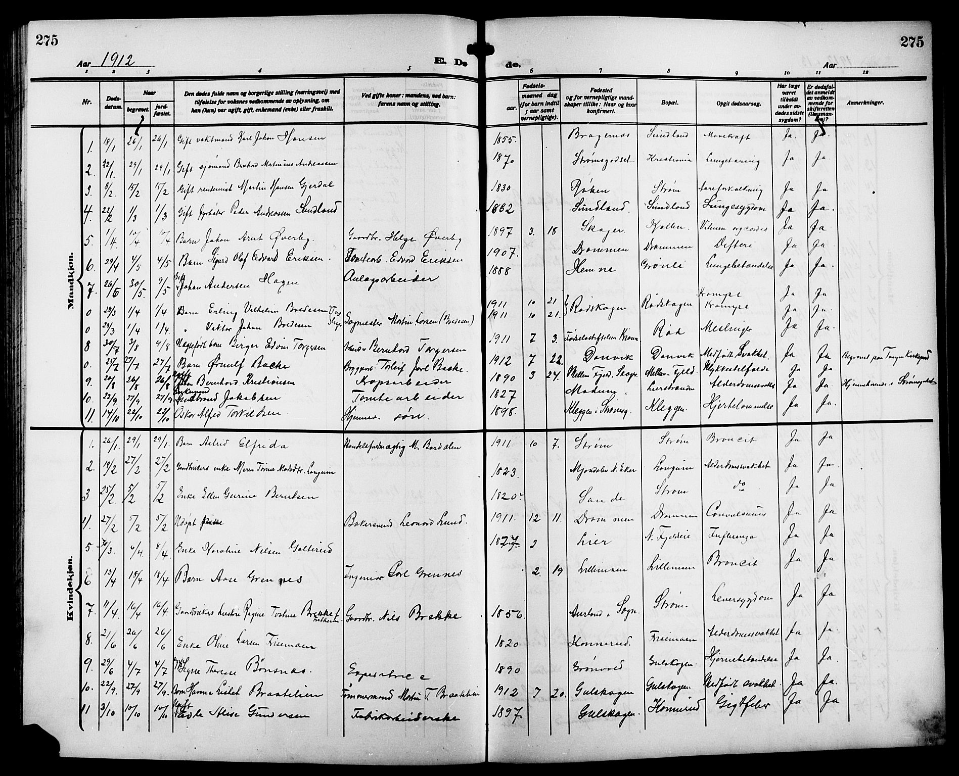 Strømsgodset kirkebøker, SAKO/A-324/G/Ga/L0003: Parish register (copy) no. 3, 1911-1926, p. 275