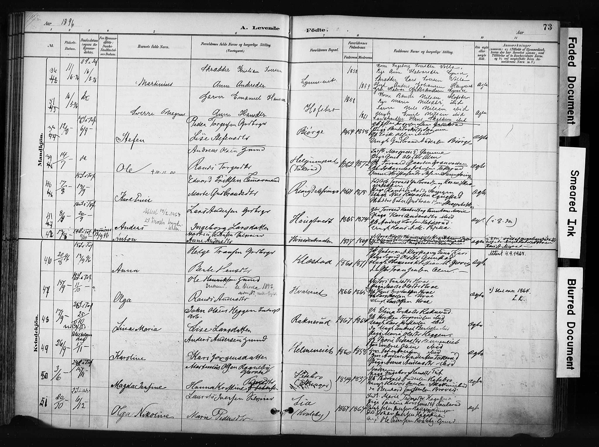Gran prestekontor, SAH/PREST-112/H/Ha/Haa/L0017: Parish register (official) no. 17, 1889-1897, p. 73