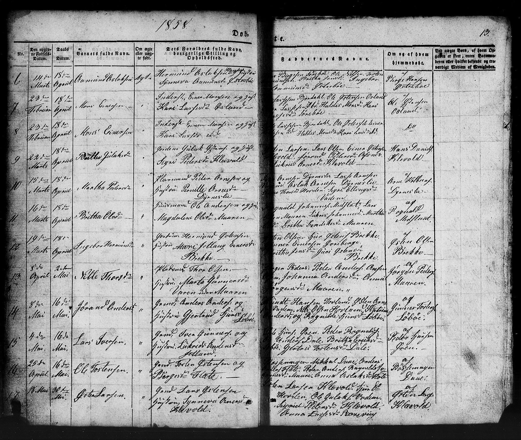 Lavik sokneprestembete, AV/SAB-A-80901: Parish register (copy) no. B 1, 1854-1881, p. 13